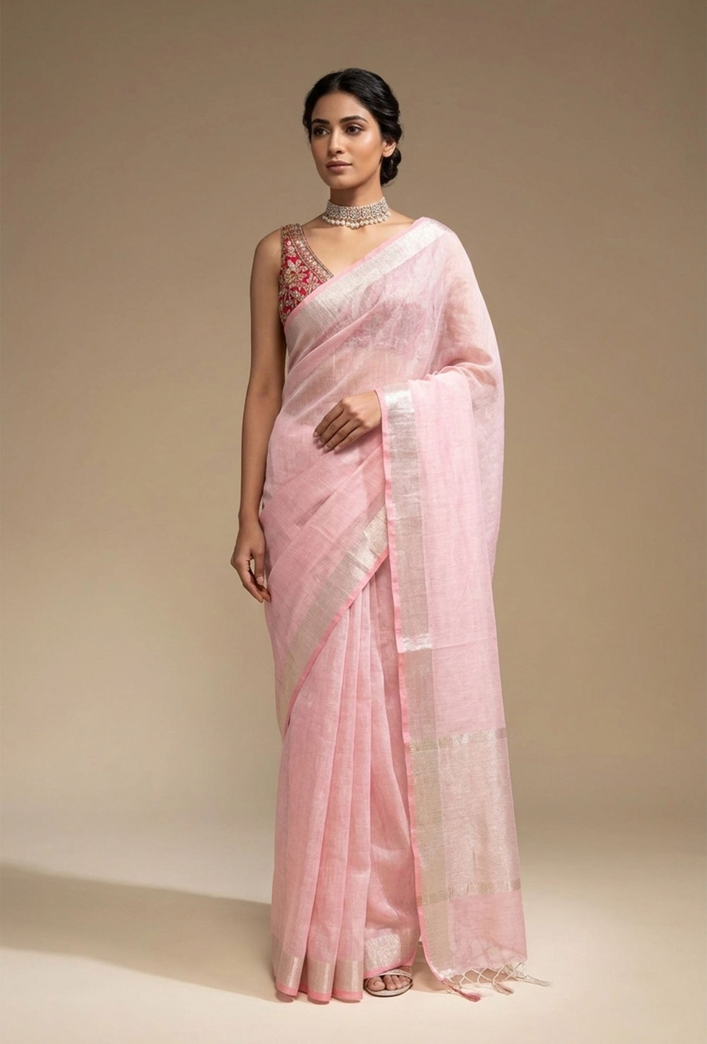 Soft Pink Khadi Tissue Saree With Unstitched Blouse