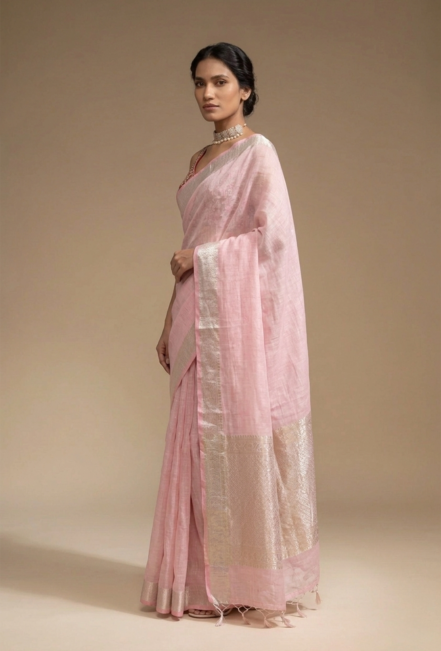 Soft Pink Khadi Tissue Saree With Unstitched Blouse