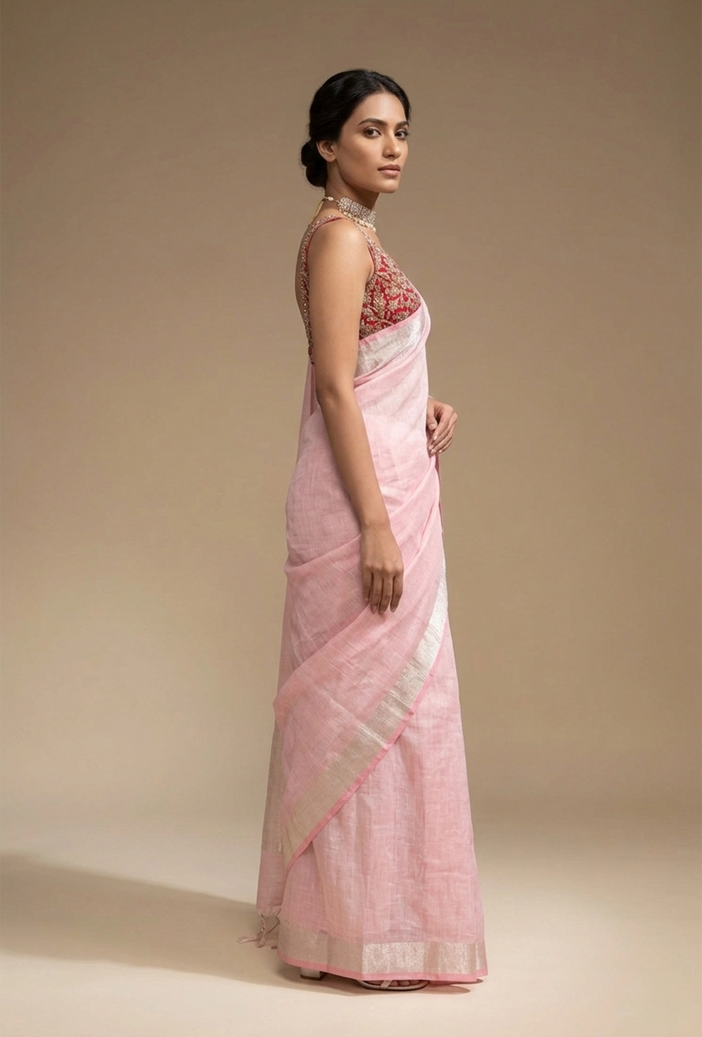 Soft Pink Khadi Tissue Saree With Unstitched Blouse
