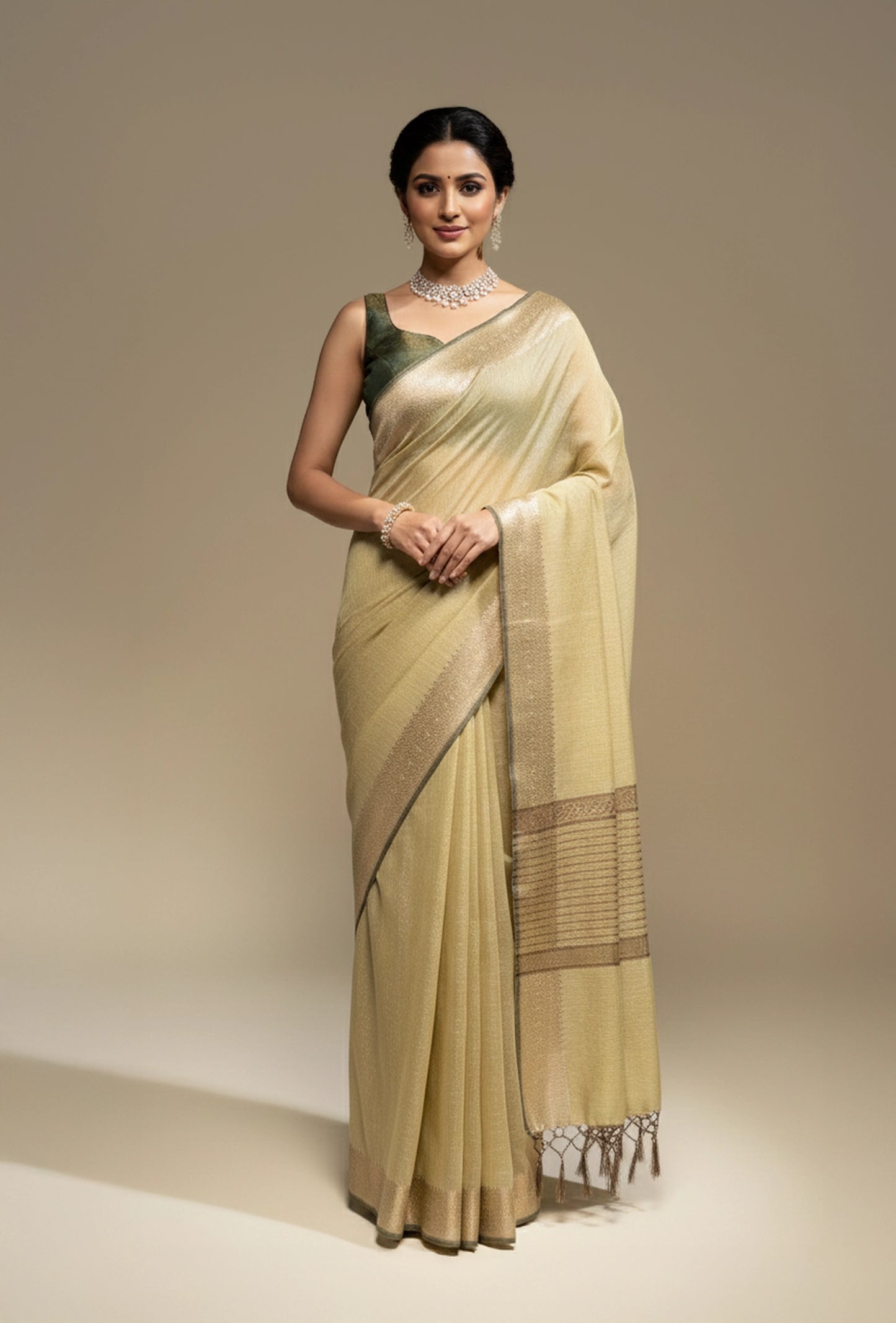 Moss Green Khadi Tissue Saree With Unstitched Blouse