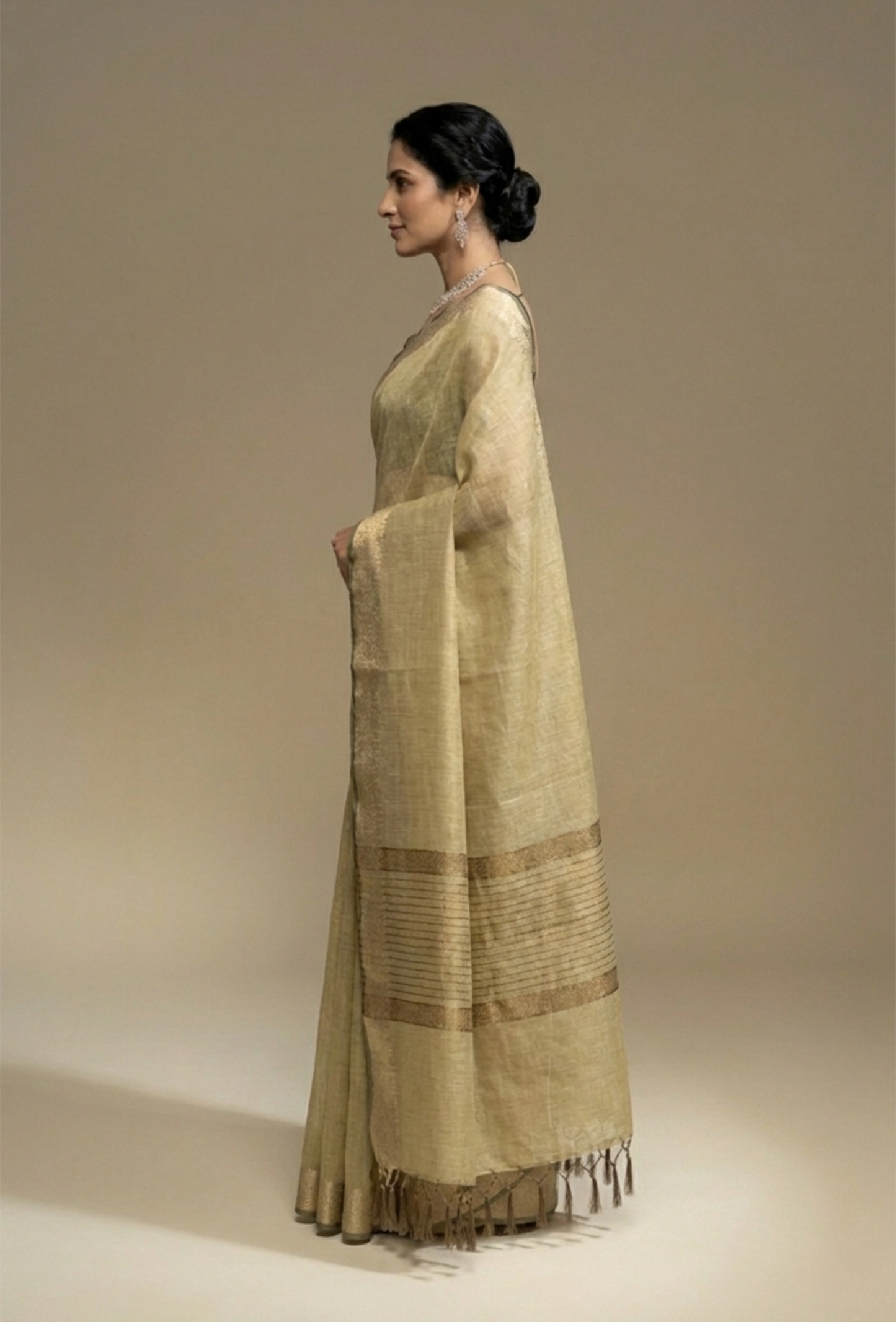 Moss Green Khadi Tissue Saree With Unstitched Blouse