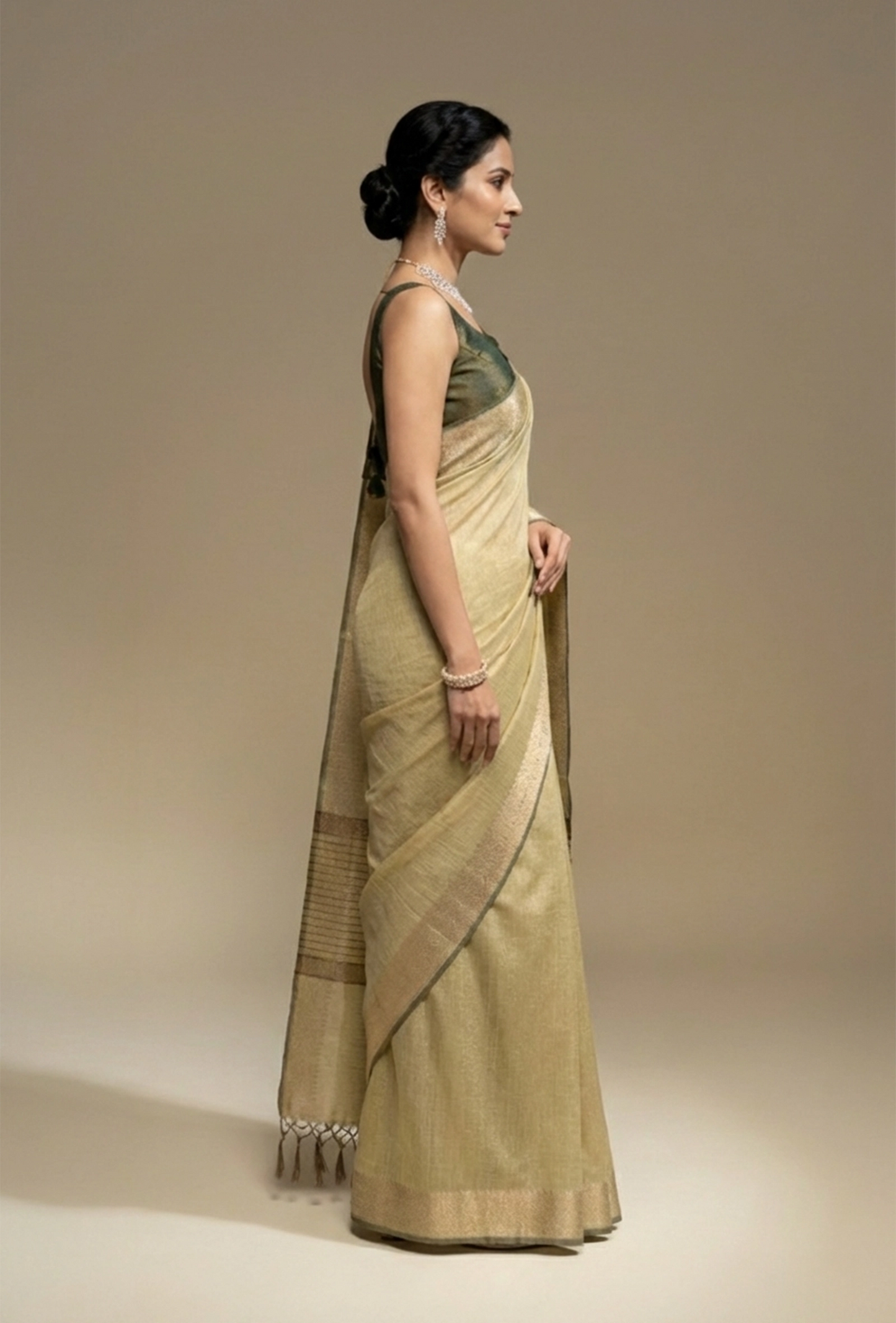 Moss Green Khadi Tissue Saree With Unstitched Blouse