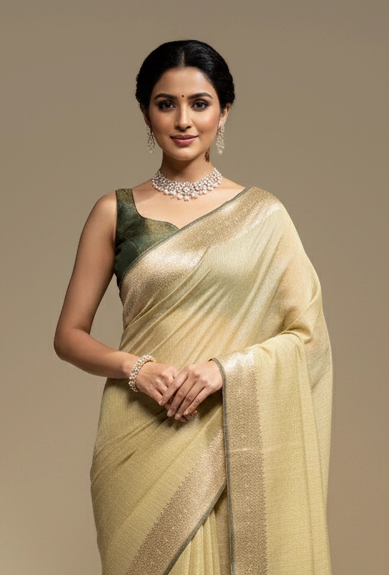 Moss Green Khadi Tissue Saree With Unstitched Blouse