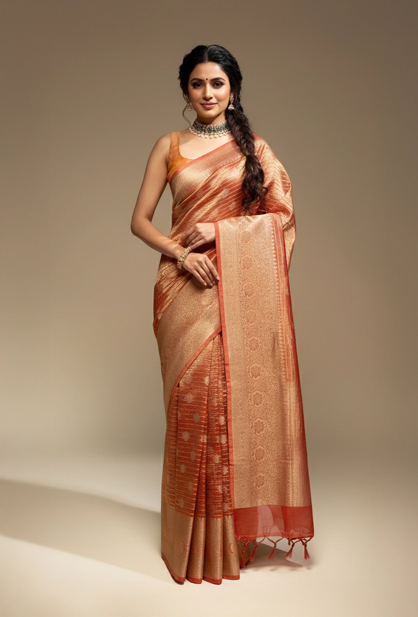 Rust Red Striped Crushed Tissue Silk Saree With Unstitched Blouse