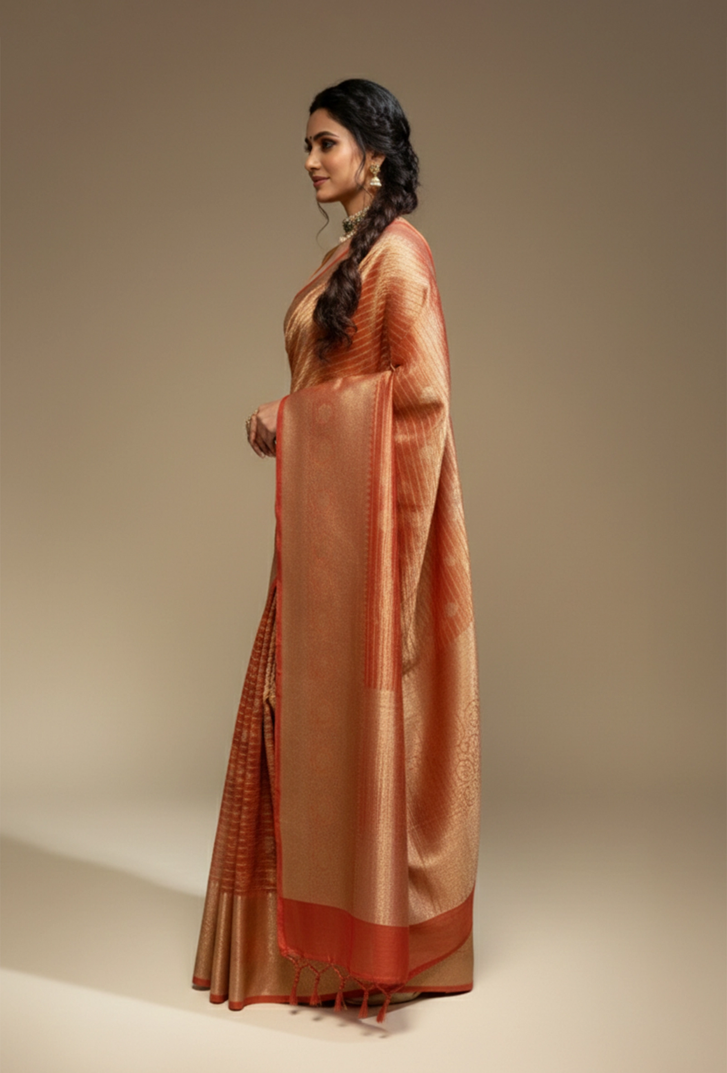 Rust Red Striped Crushed Tissue Silk Saree With Unstitched Blouse