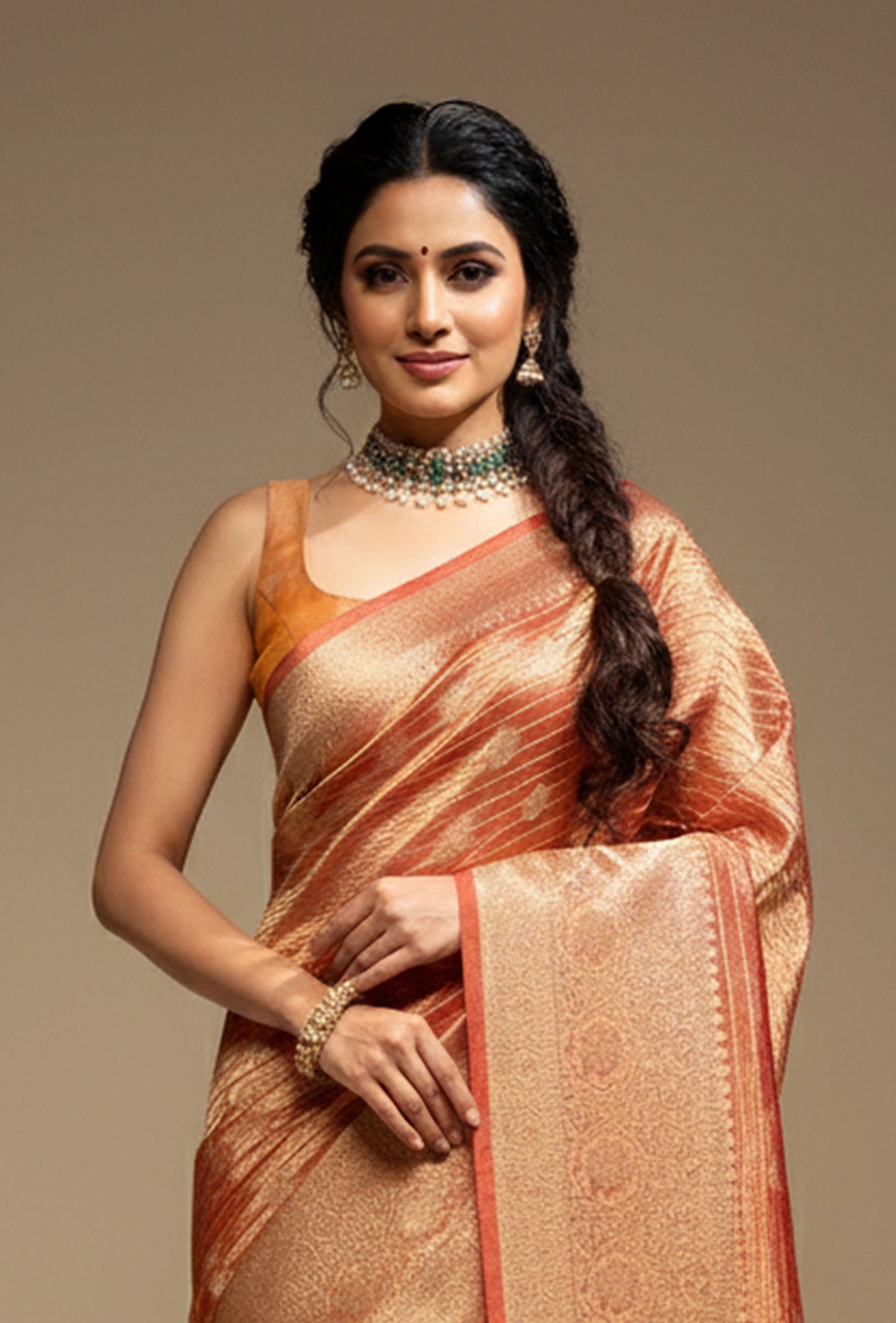 Rust Red Striped Crushed Tissue Silk Saree With Unstitched Blouse