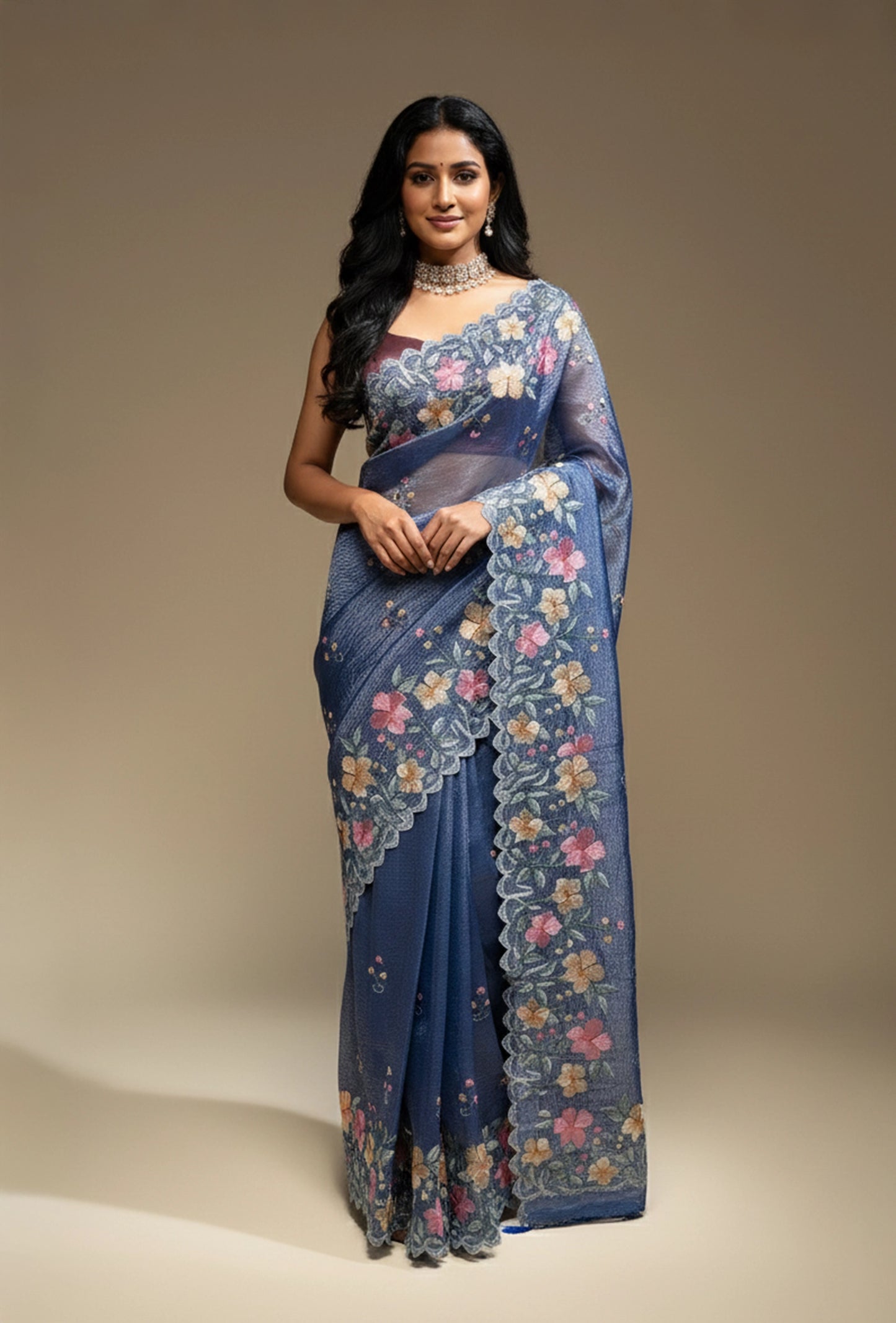 Dusty Blue Crushed Tissue Silk Saree With Unstitched Blouse