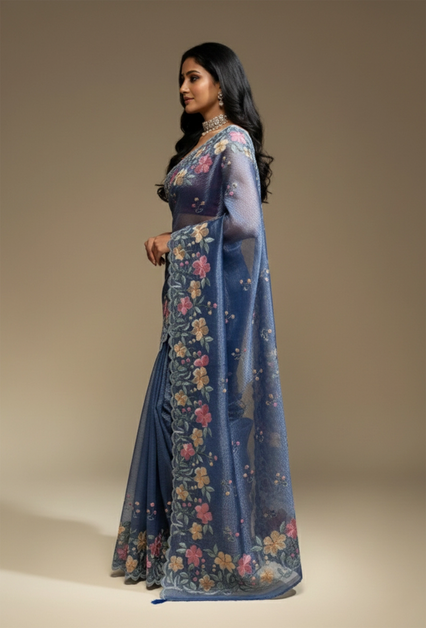 Dusty Blue Crushed Tissue Silk Saree With Unstitched Blouse