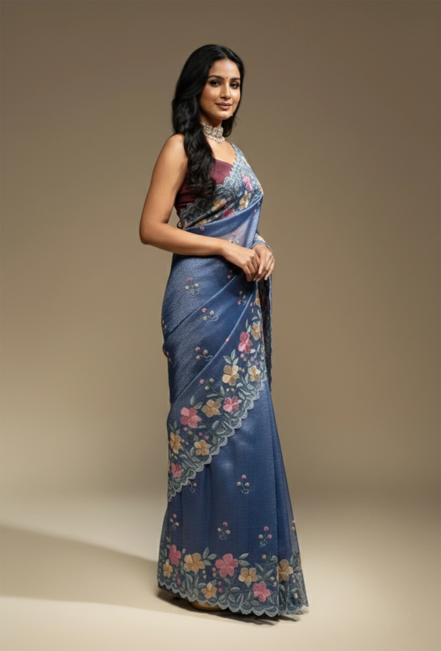Dusty Blue Crushed Tissue Silk Saree With Unstitched Blouse