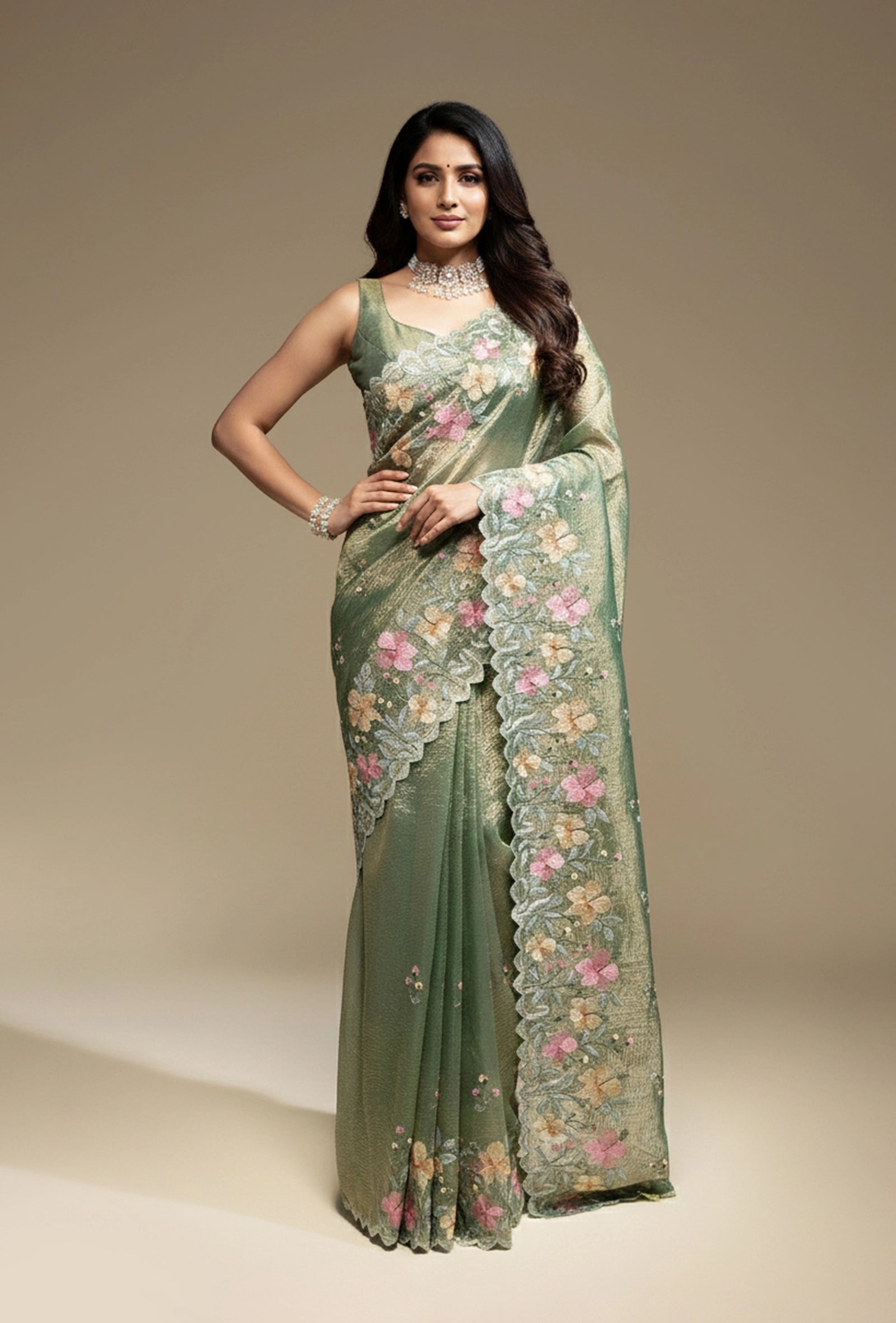 Parrot Green Crushed Tissue Saree With Unstitched Blouse