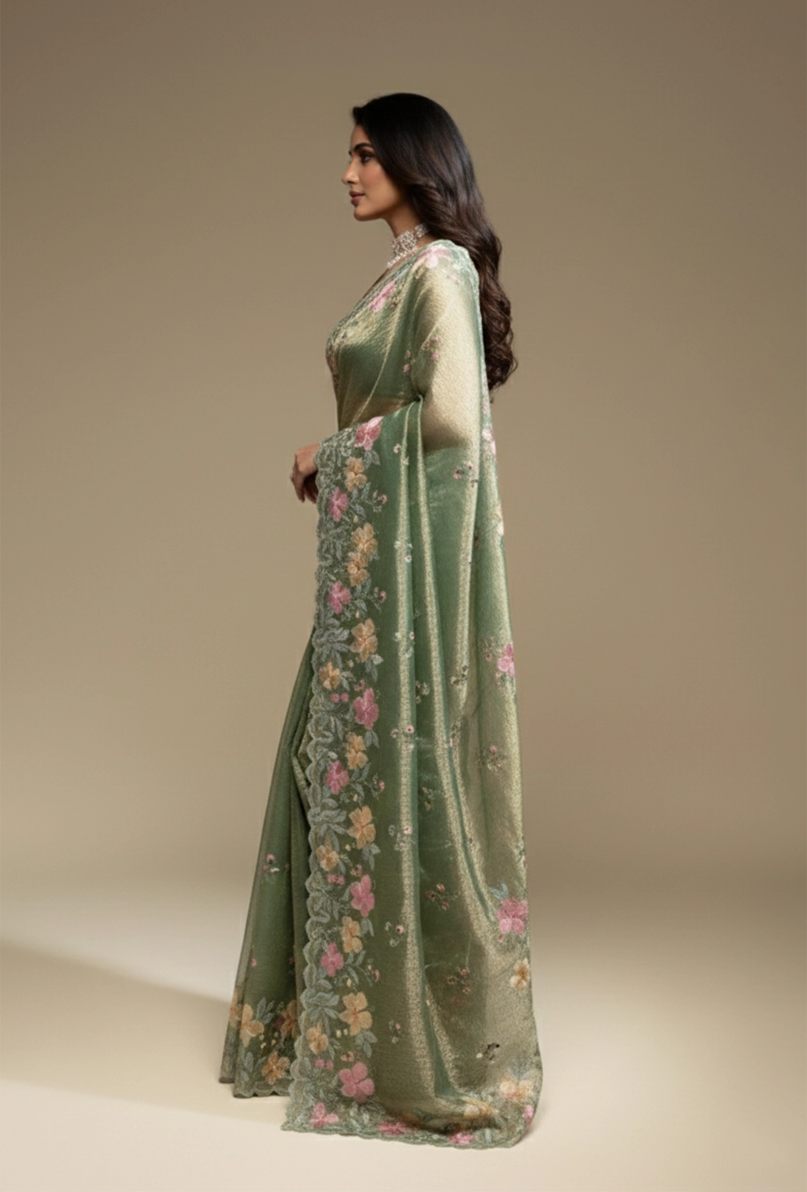 Parrot Green Crushed Tissue Saree With Unstitched Blouse