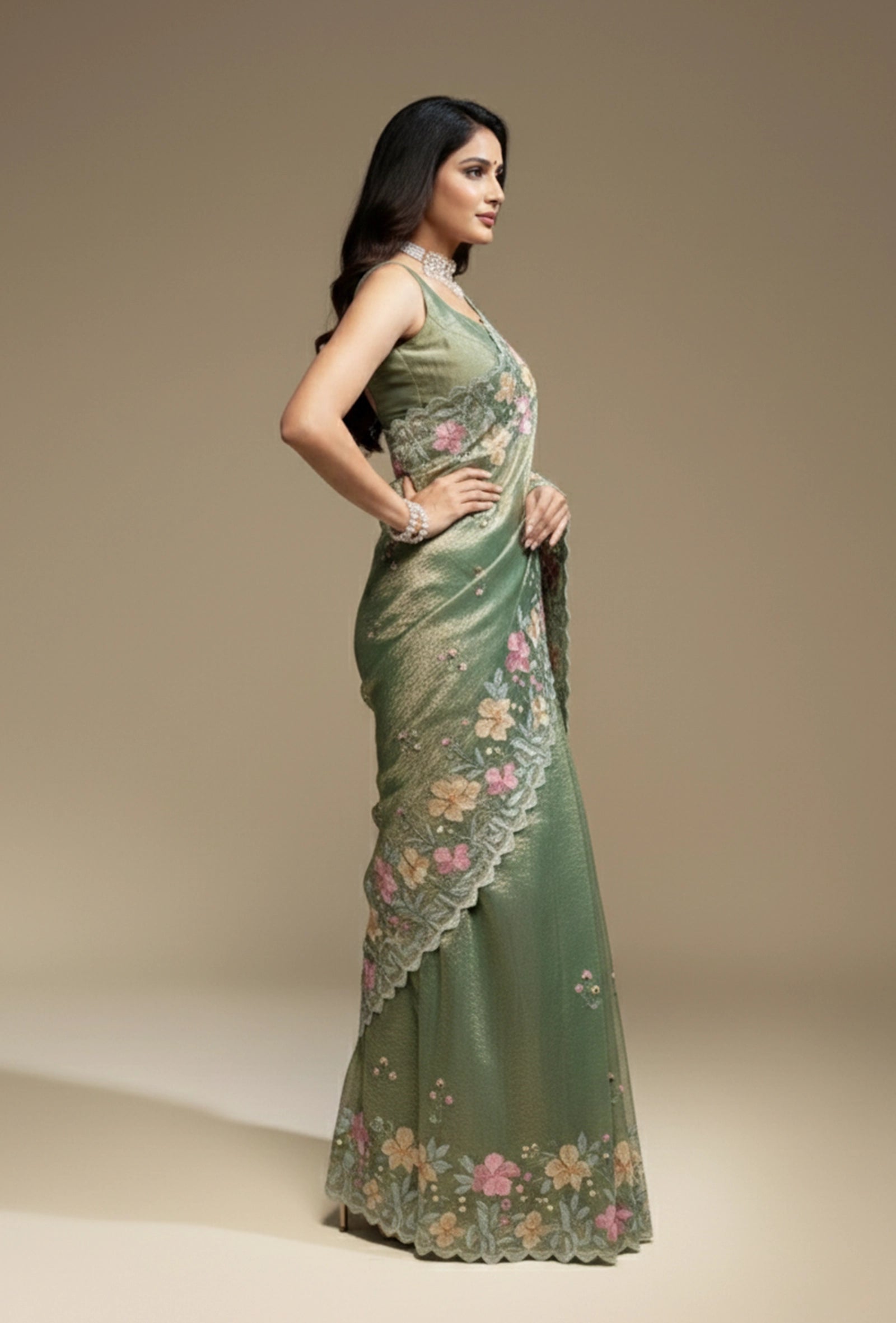 Parrot Green Crushed Tissue Saree With Unstitched Blouse