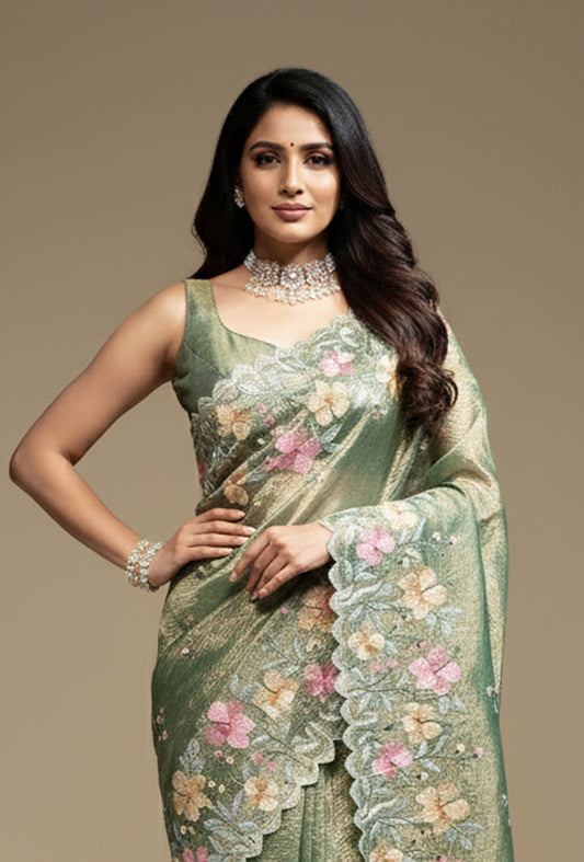 Parrot Green Crushed Tissue Saree With Unstitched Blouse