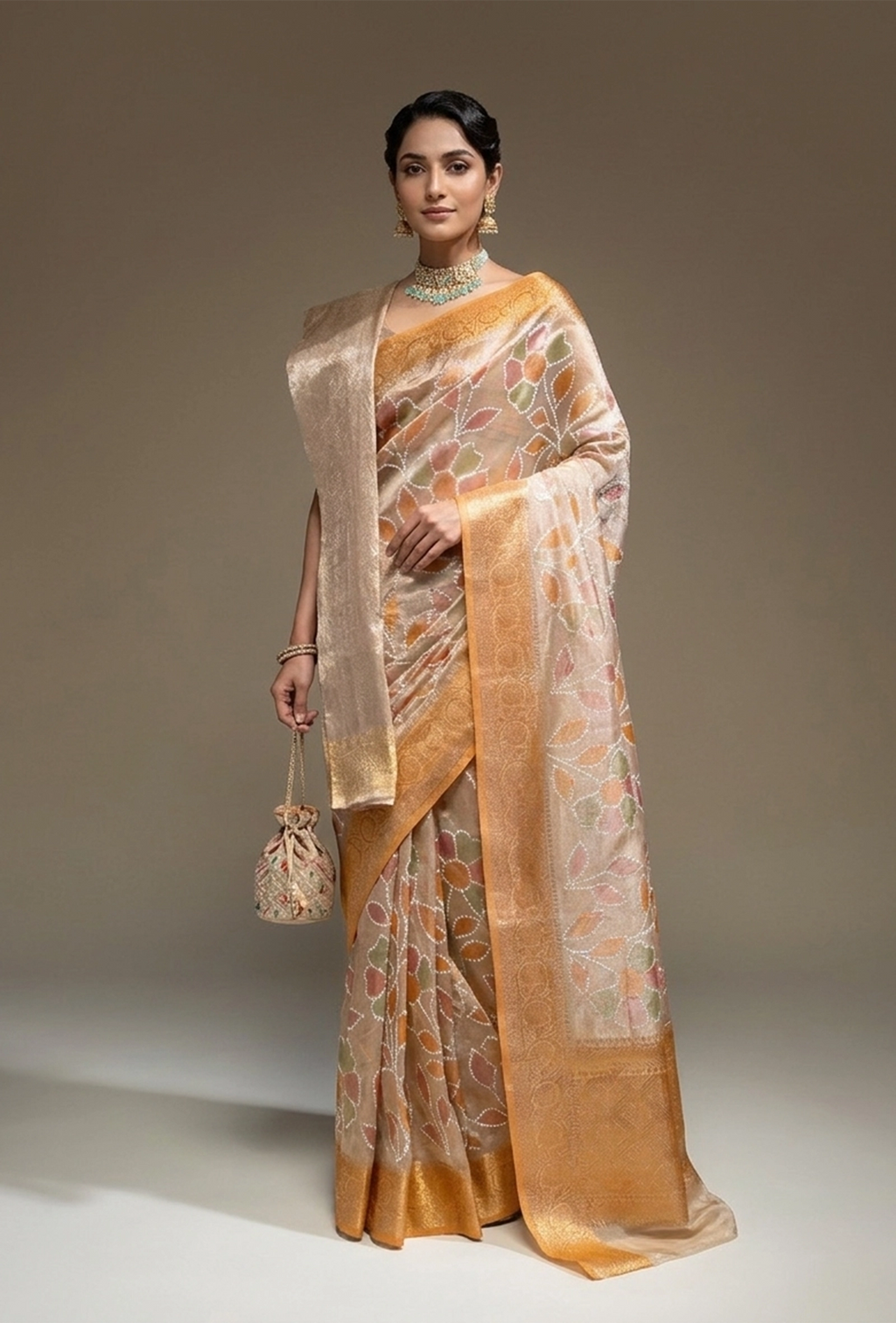 Ochre Tissue Silk Saree with White Florals & Unstitched Blouse