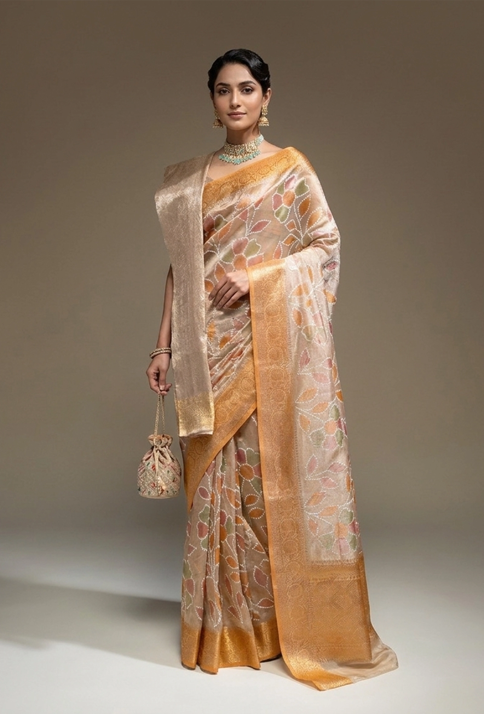 Ochre Tissue Silk Saree with White Florals & Unstitched Blouse
