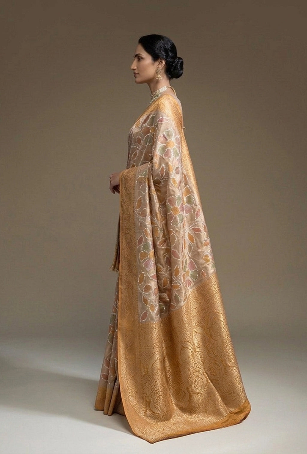 Ochre Tissue Silk Saree with White Florals & Unstitched Blouse