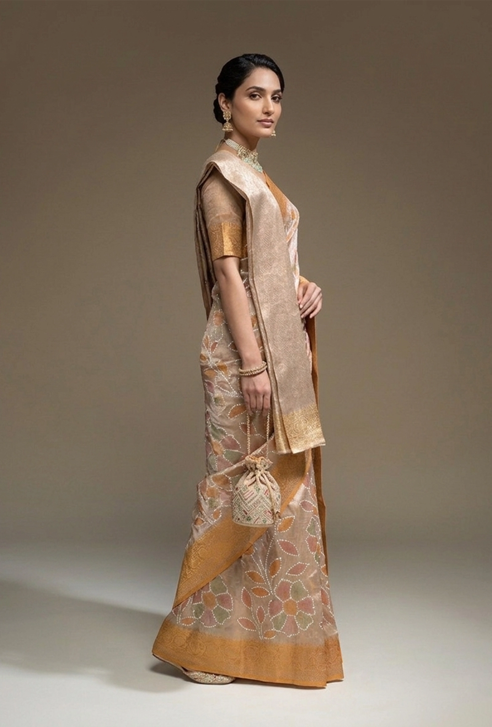 Ochre Tissue Silk Saree with White Florals & Unstitched Blouse