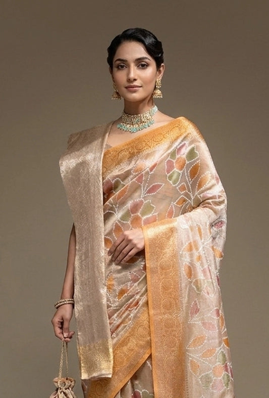 Ochre Tissue Silk Saree with White Florals & Unstitched Blouse