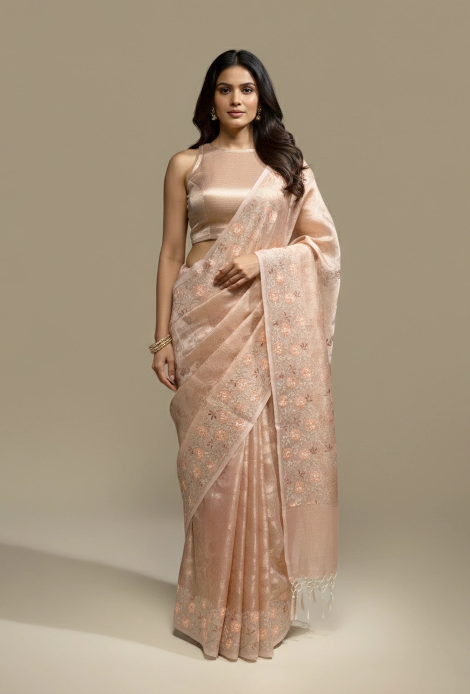 Blush Pink Khadi Tissue Threadwork Saree With Unstitched Blouse