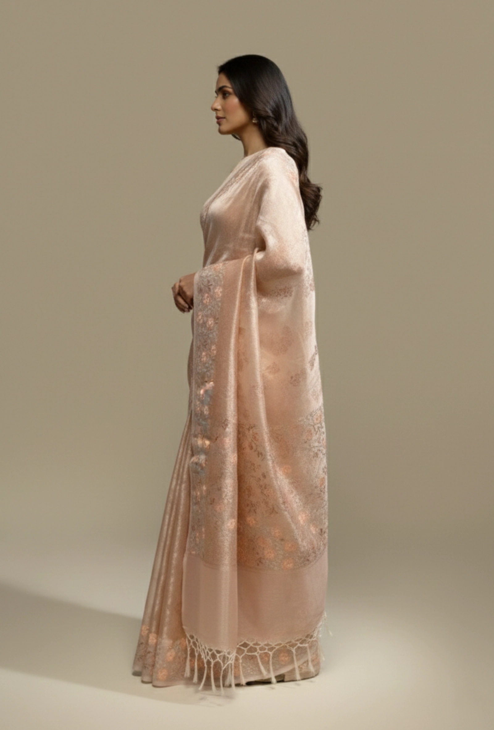 Blush Pink Khadi Tissue Threadwork Saree With Unstitched Blouse