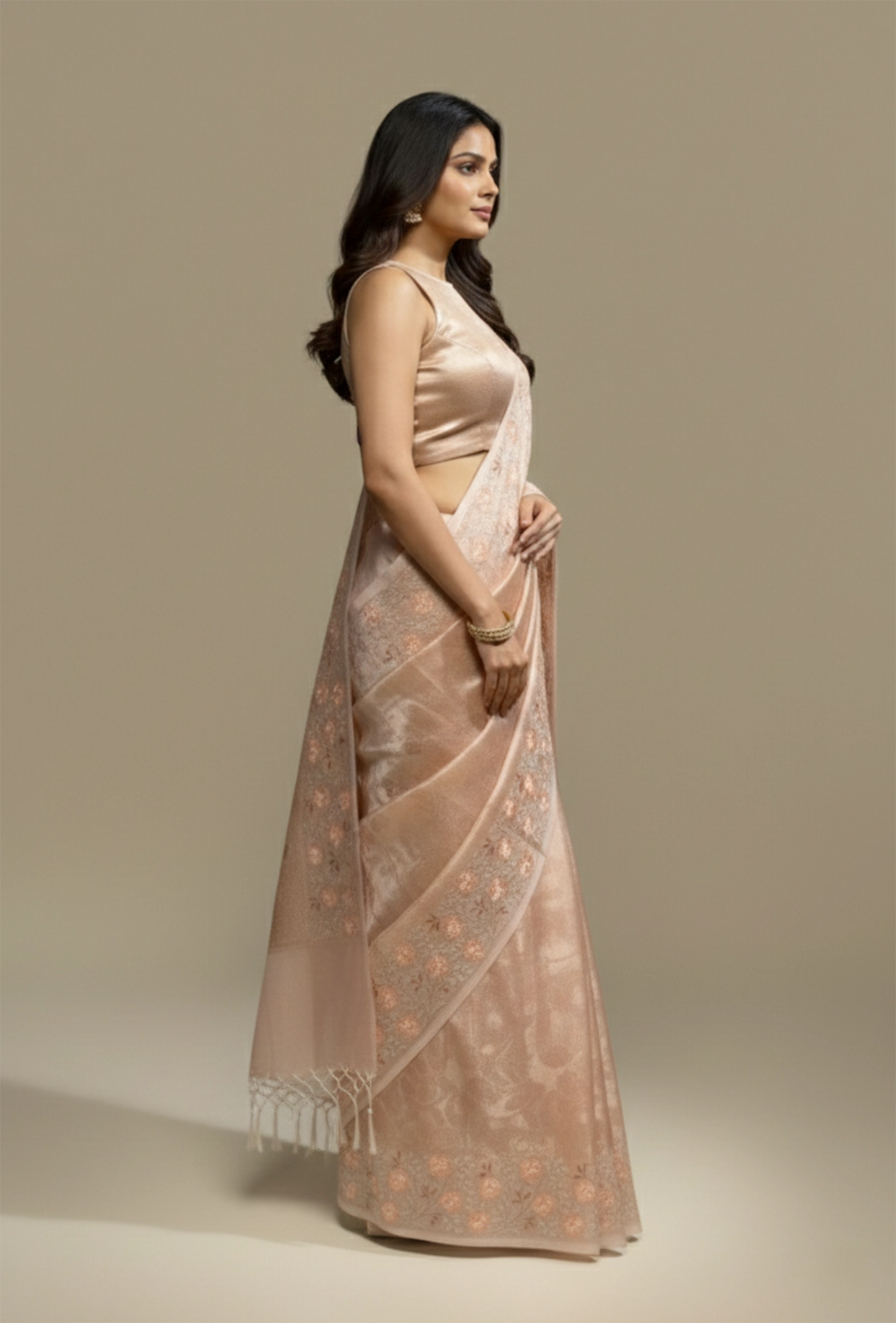 Blush Pink Khadi Tissue Threadwork Saree With Unstitched Blouse