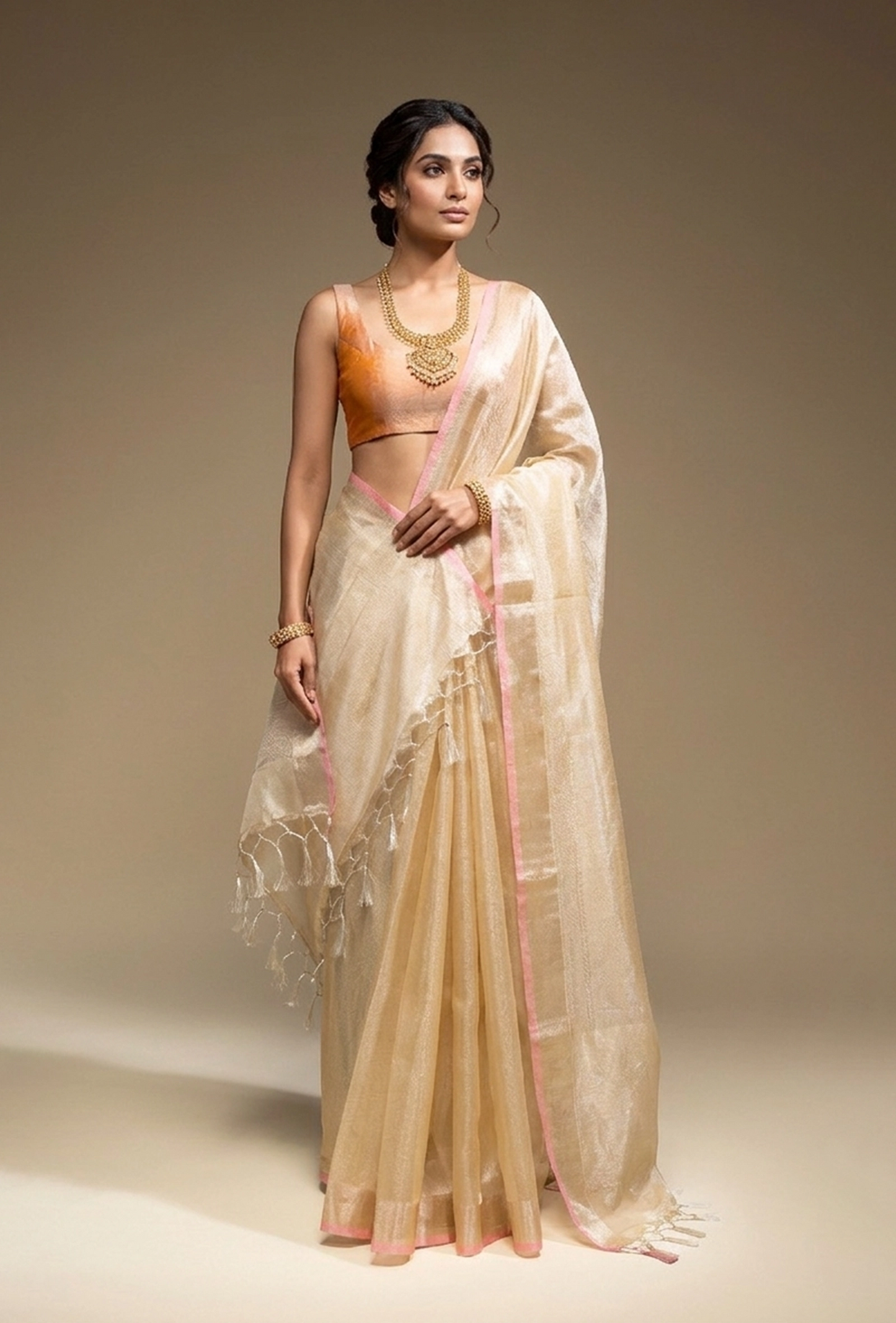 Golden Zari Khadi Tissue Saree With Unstitched Blouse