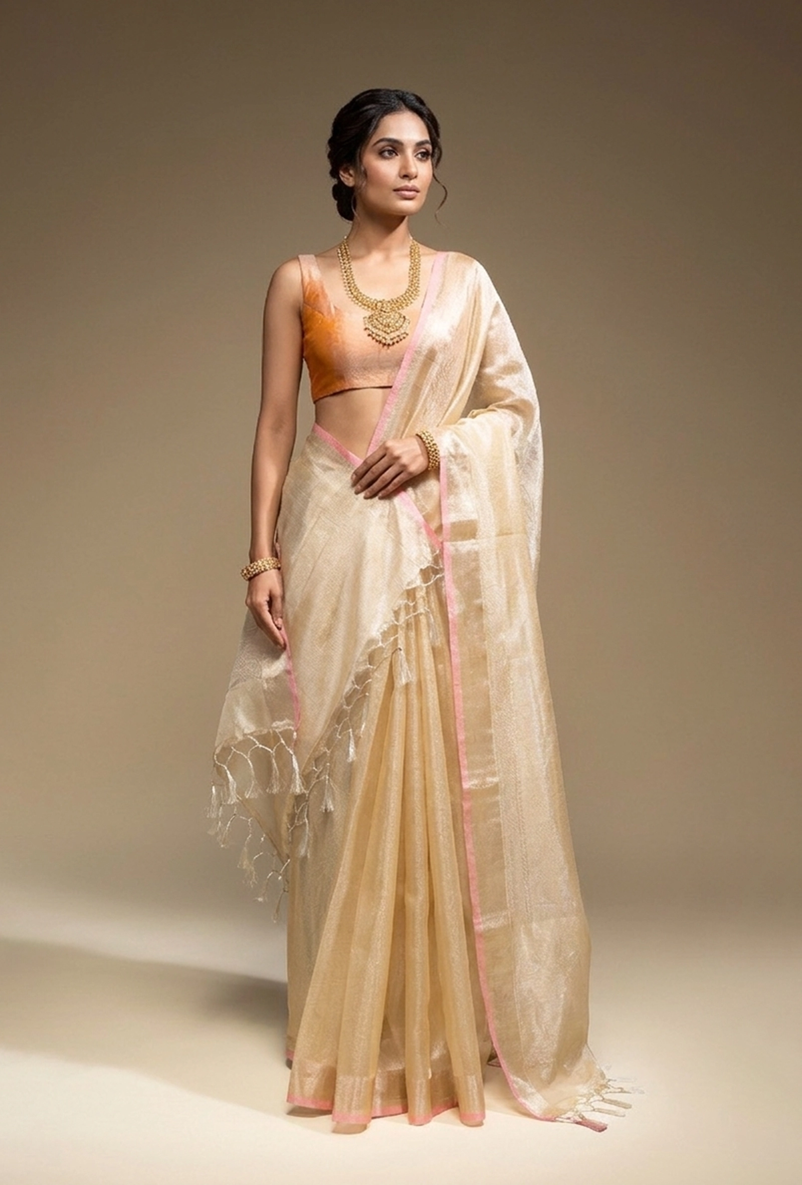 Golden Zari Khadi Tissue Saree With Unstitched Blouse