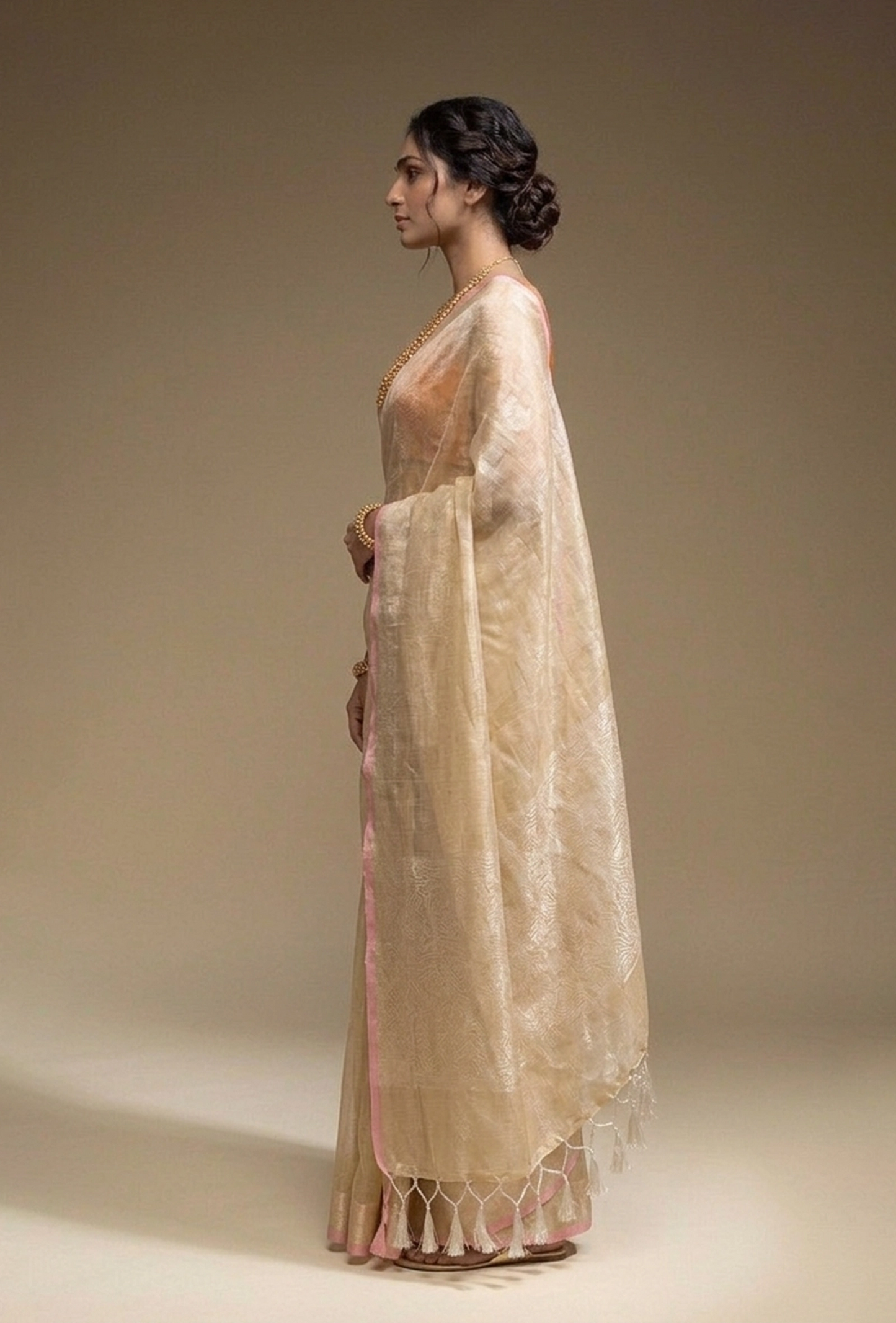 Golden Zari Khadi Tissue Saree With Unstitched Blouse