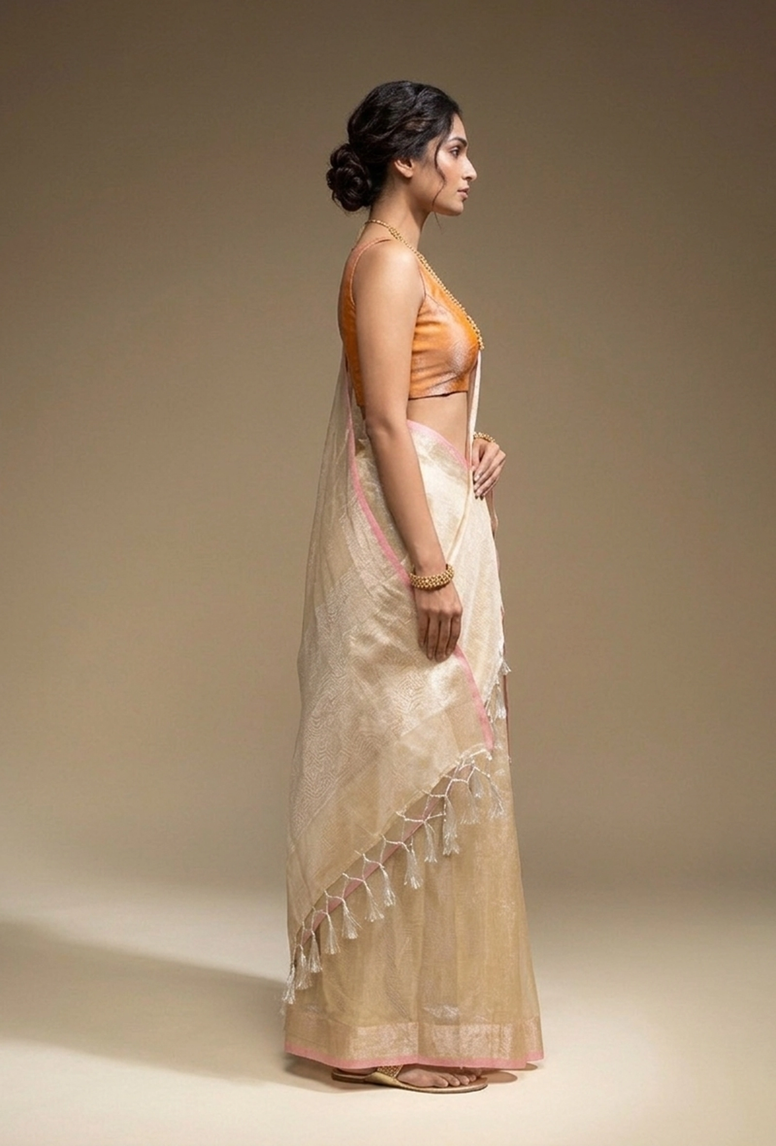 Golden Zari Khadi Tissue Saree With Unstitched Blouse