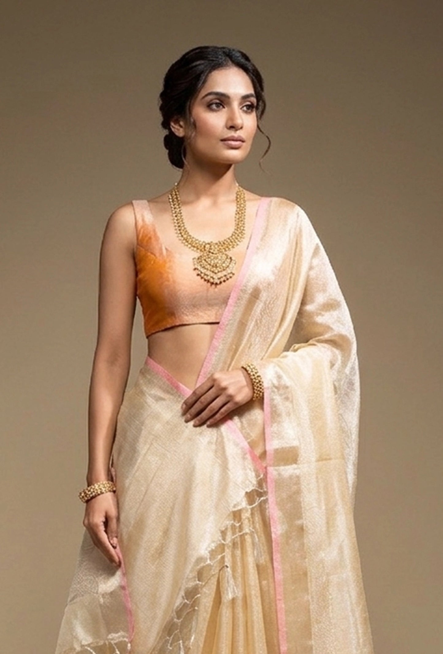 Golden Zari Khadi Tissue Saree With Unstitched Blouse