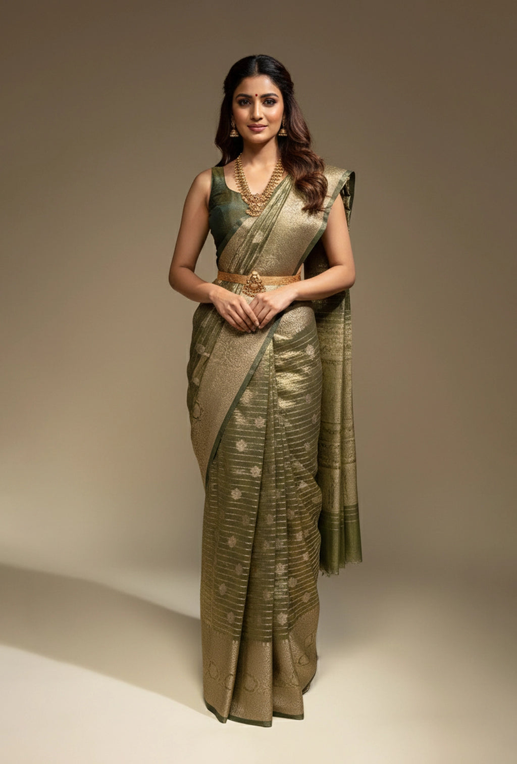 Khadi Tissue Saree In Olive Green With Earthy Appeal