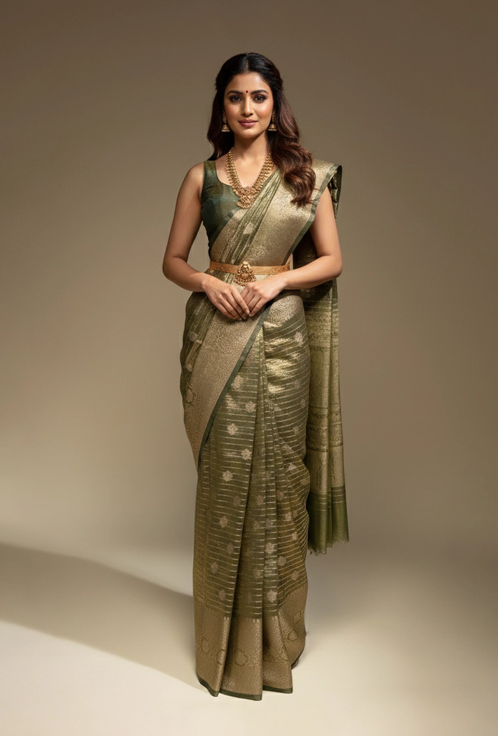Khadi Tissue Saree In Olive Green With Earthy Appeal