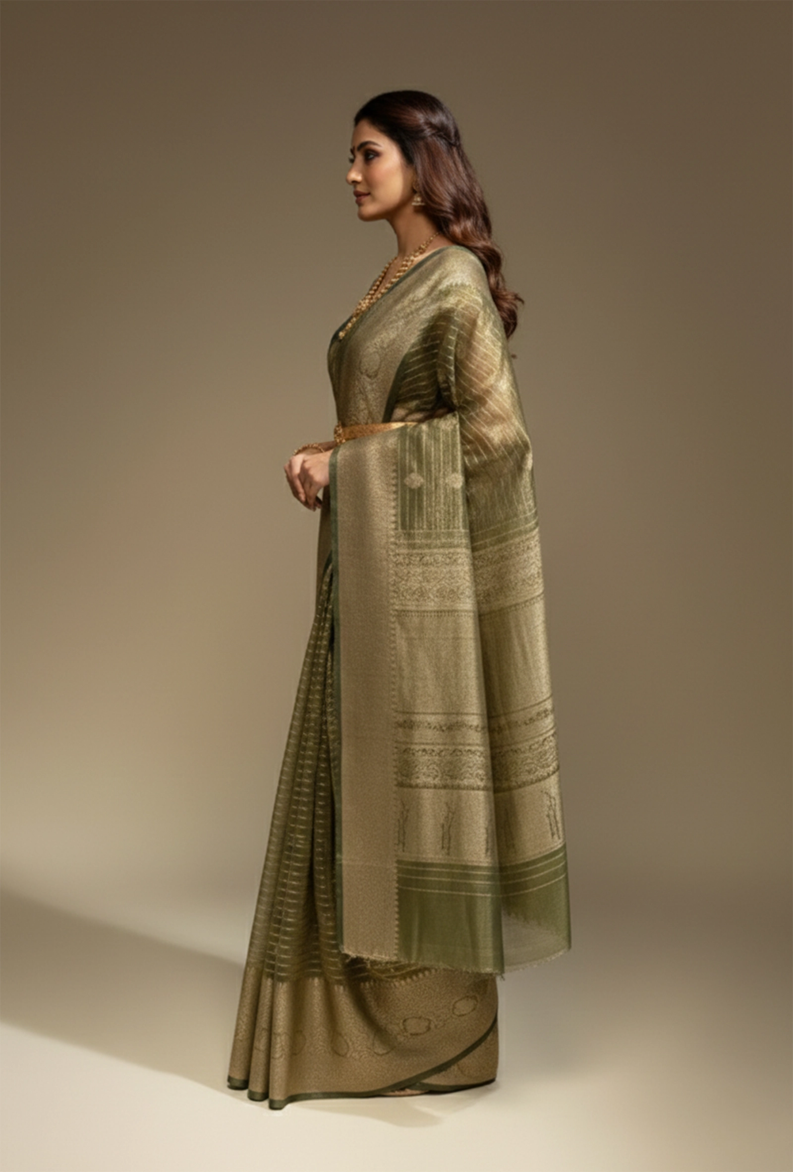 Khadi Tissue Saree In Olive Green With Earthy Appeal