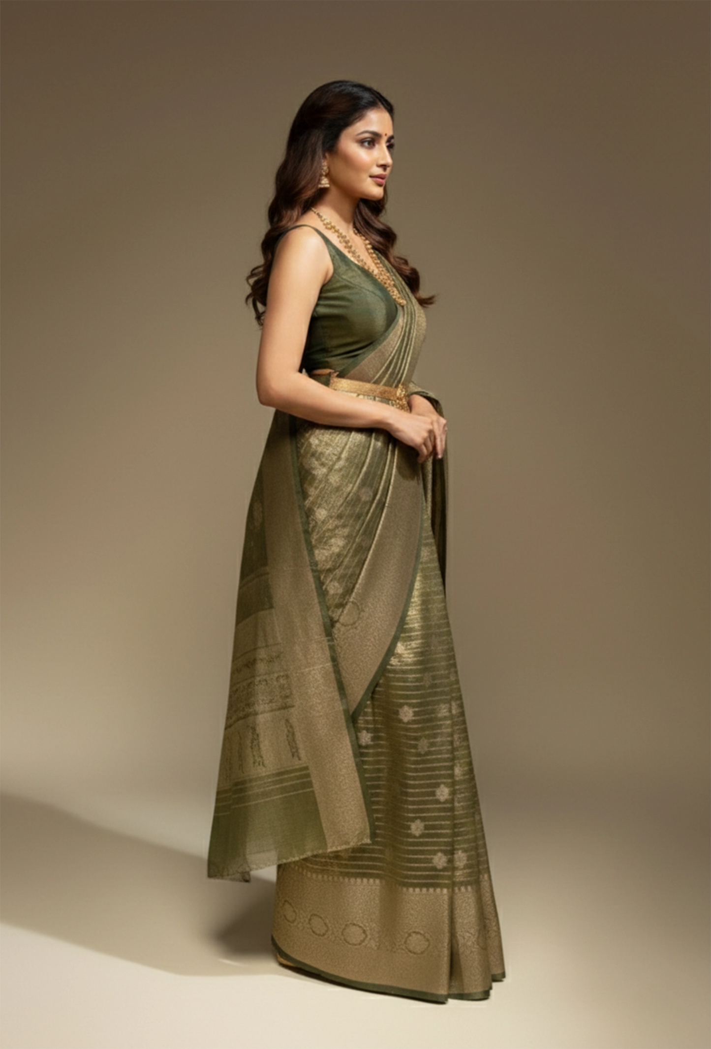 Khadi Tissue Saree In Olive Green With Earthy Appeal