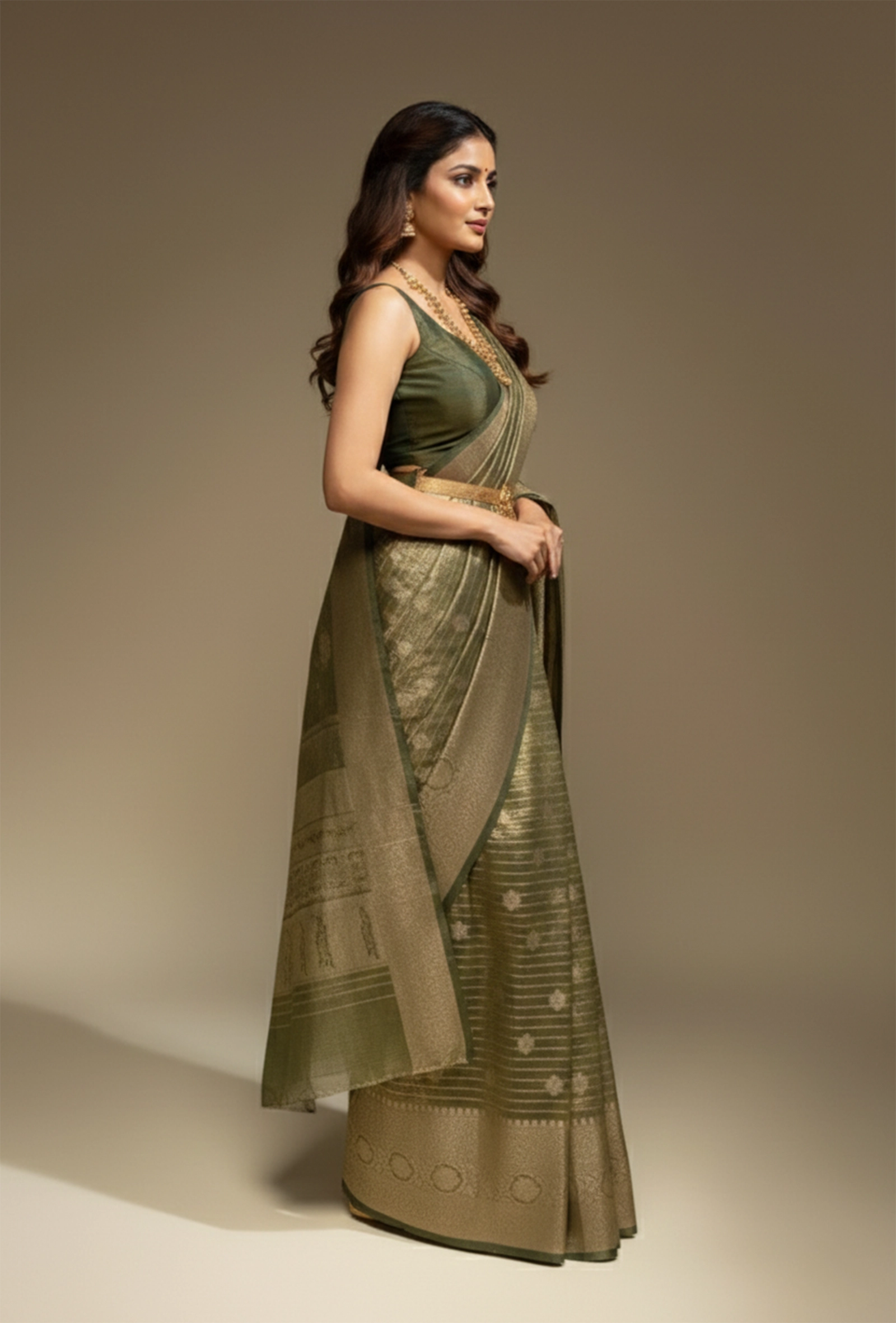 Khadi Tissue Saree In Olive Green With Earthy Appeal