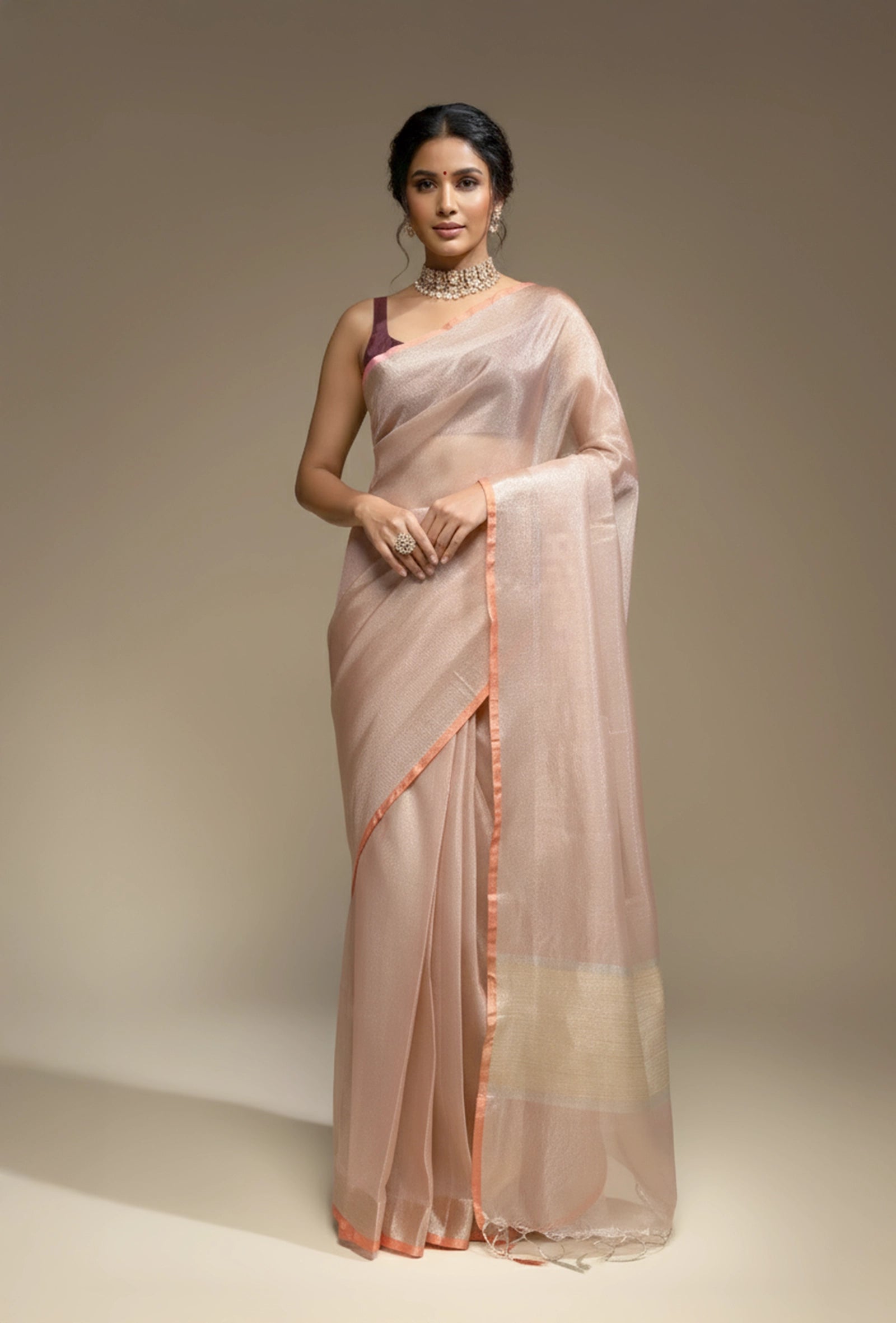Blush Pink Saree with Coral Border With Unstitched Blouse