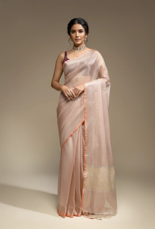Blush Pink Saree with Coral Border With Unstitched Blouse
