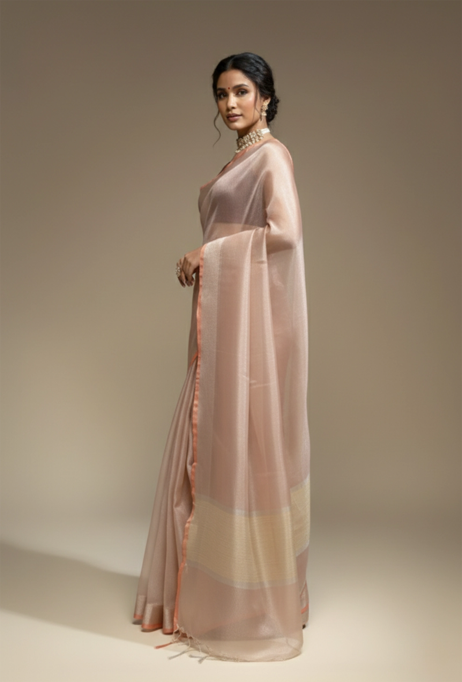 Blush Pink Saree with Coral Border With Unstitched Blouse