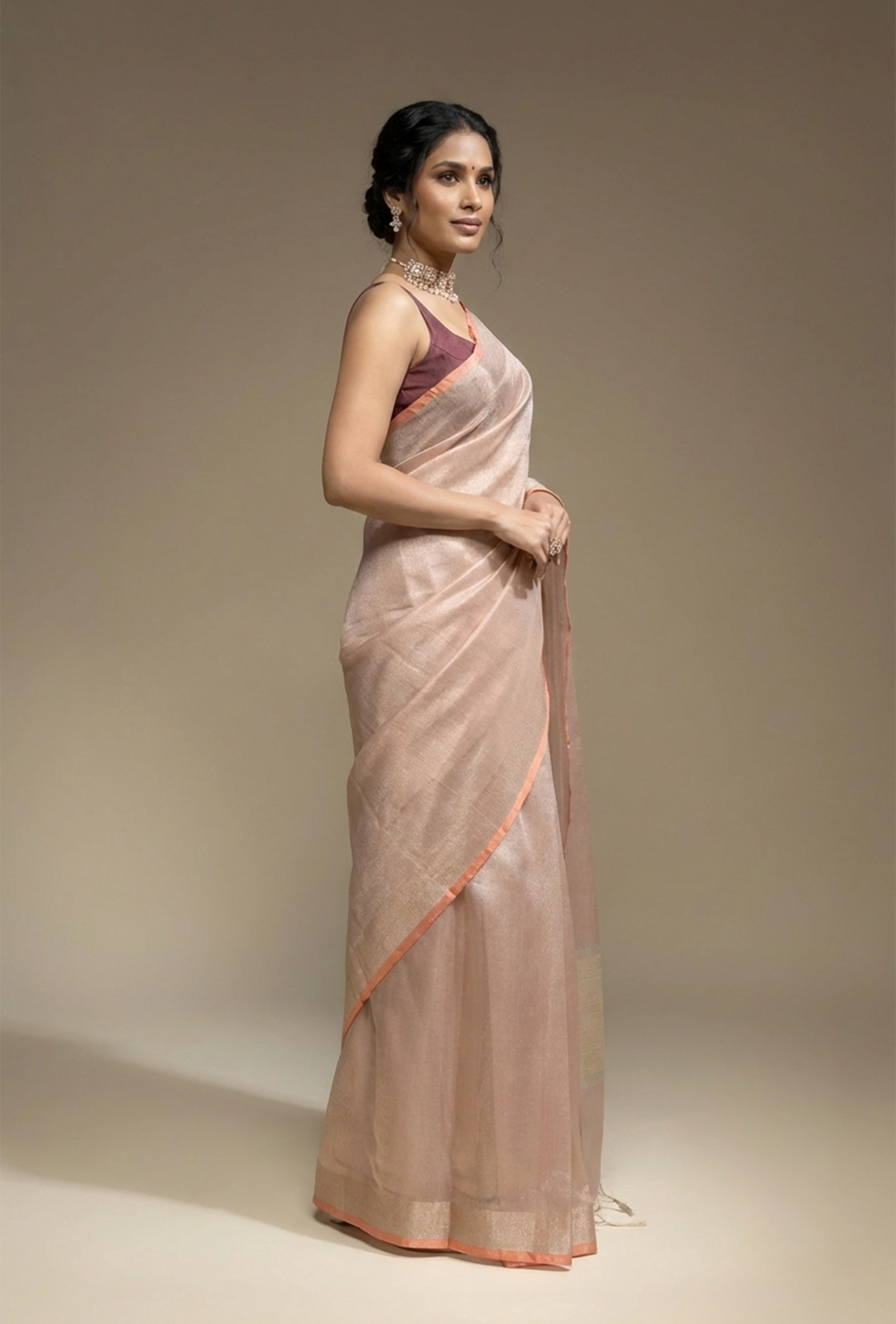 Blush Pink Saree with Coral Border With Unstitched Blouse