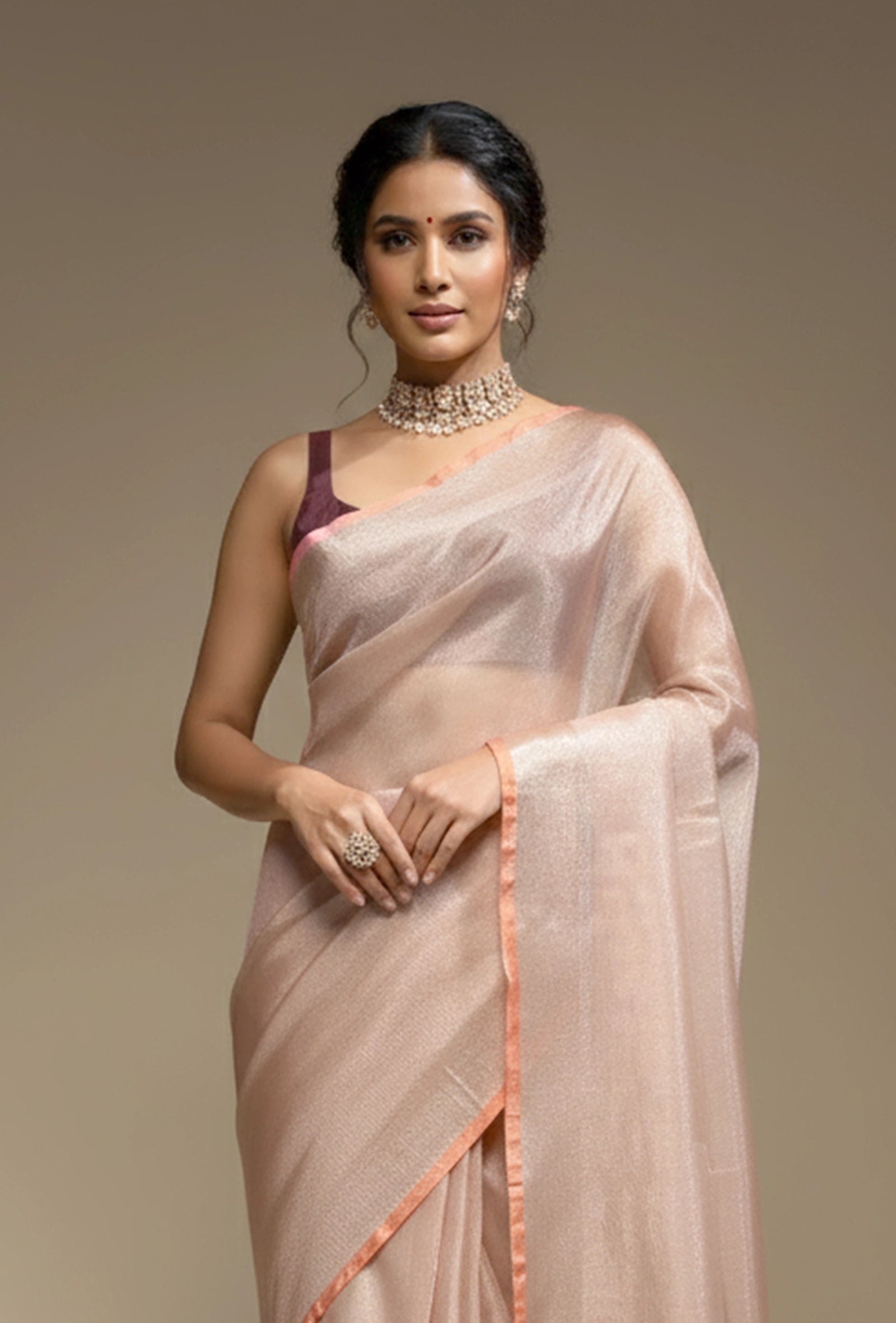 Blush Pink Saree with Coral Border With Unstitched Blouse