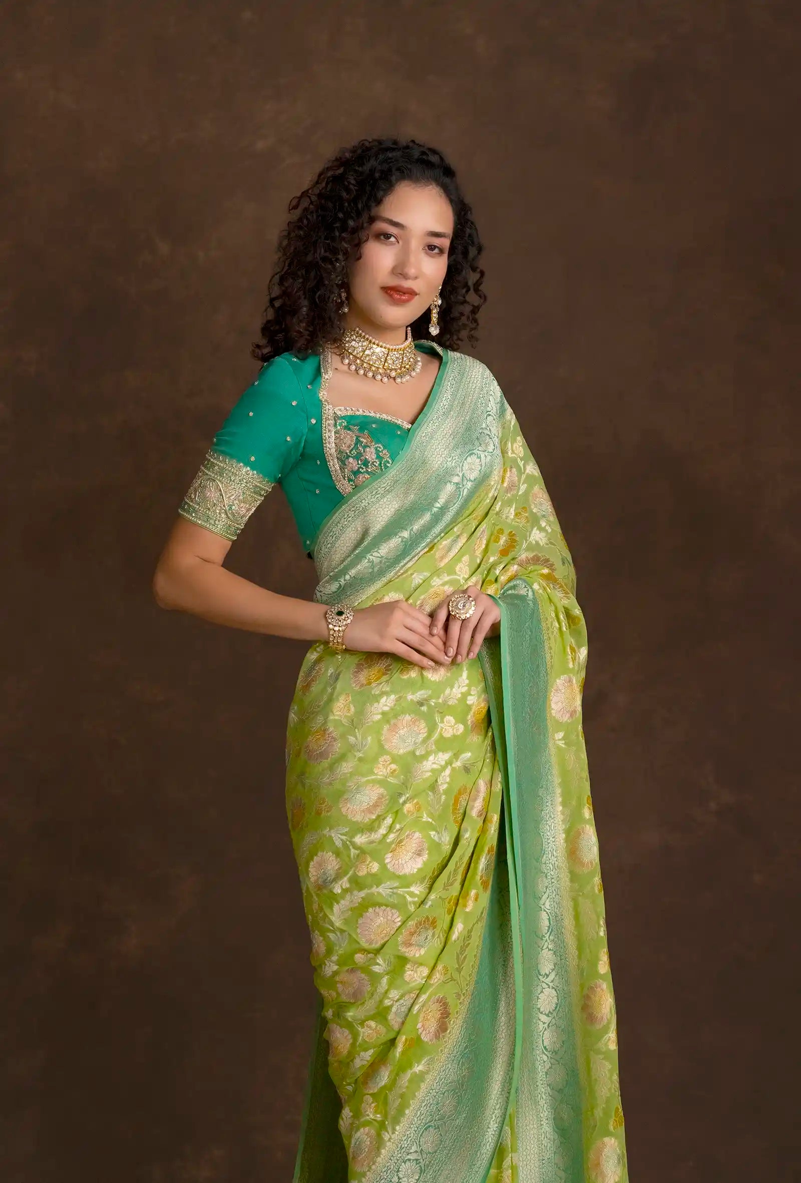 Green Banarasi Meenakari Khinkwab Brocade Saree