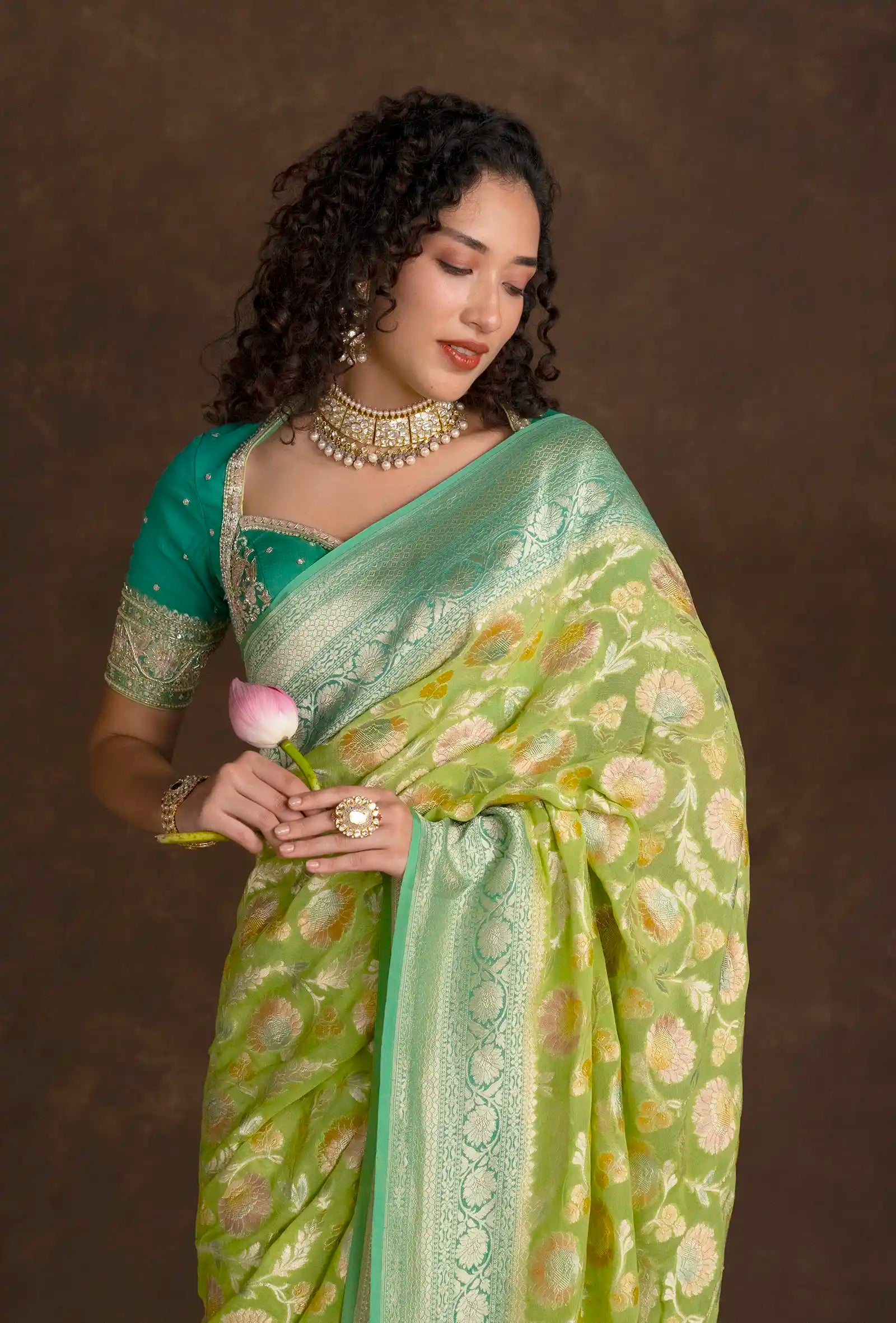 Green Banarasi Meenakari Khinkwab Brocade Saree