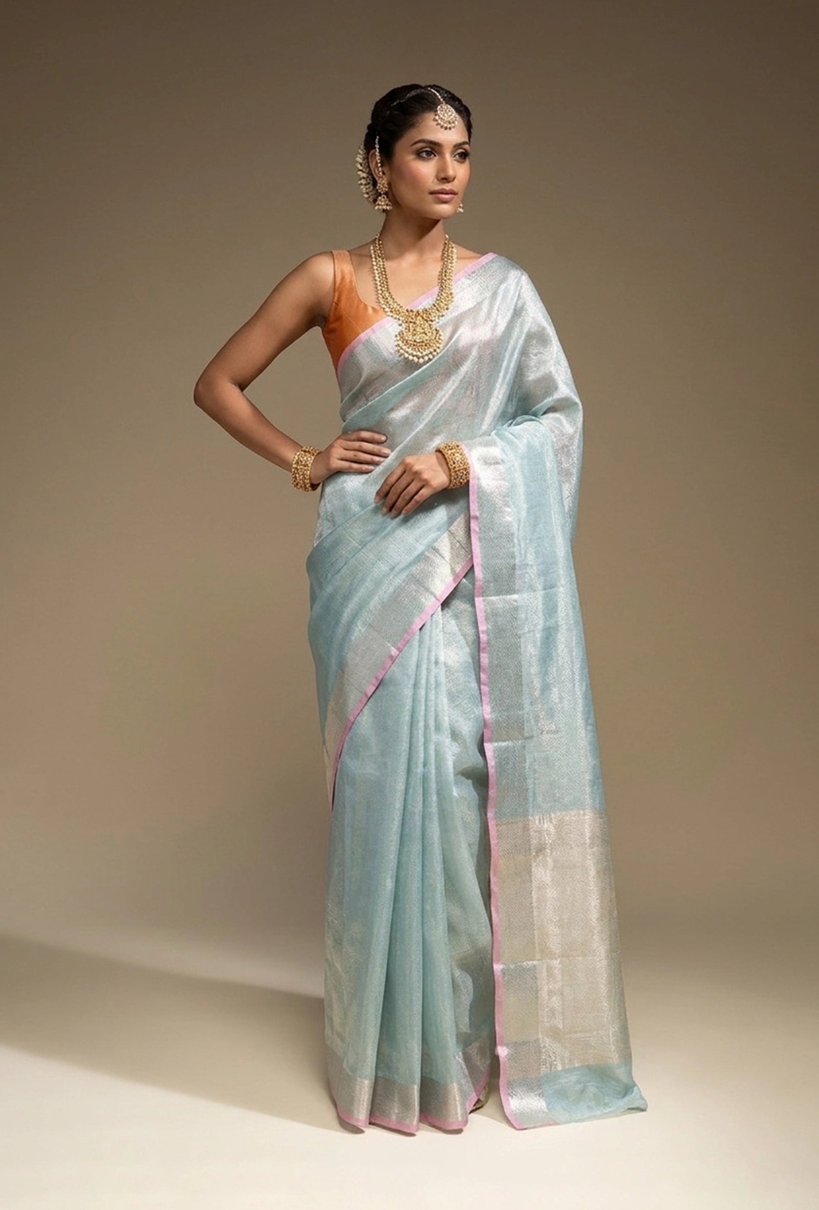 Sky Blue Khadi Tissue Saree With Unstitched Blouse