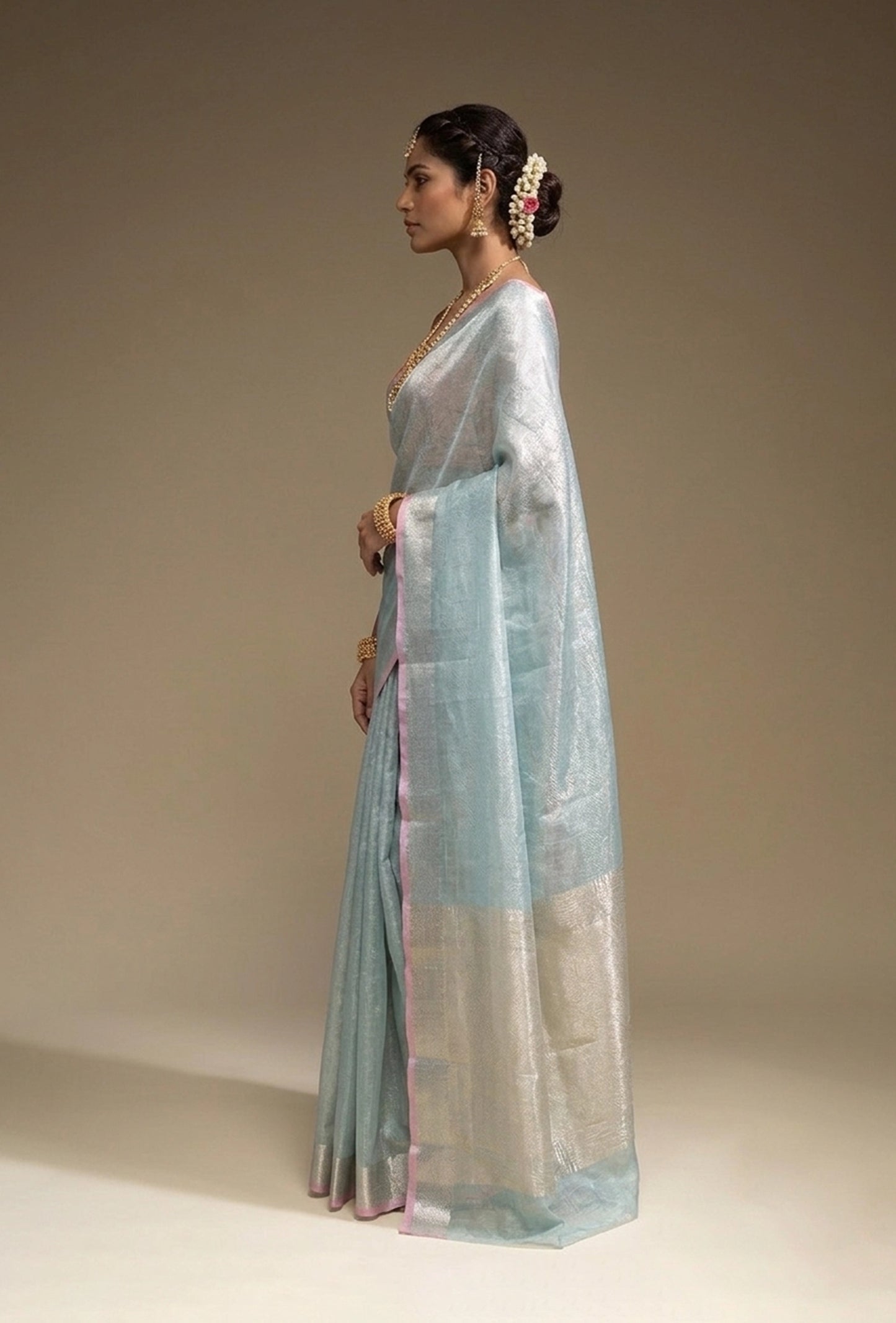 Sky Blue Khadi Tissue Saree With Unstitched Blouse