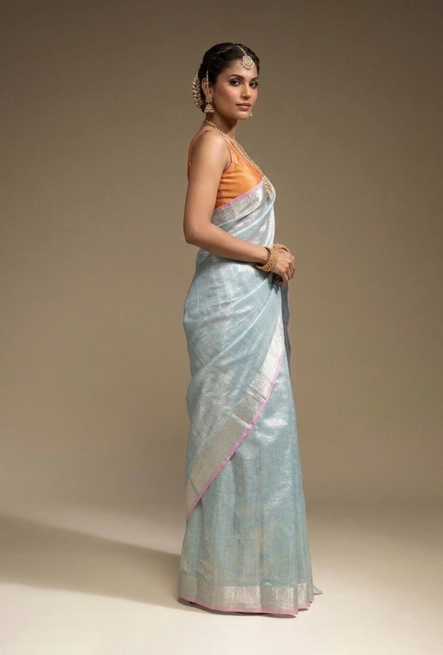 Sky Blue Khadi Tissue Saree With Unstitched Blouse