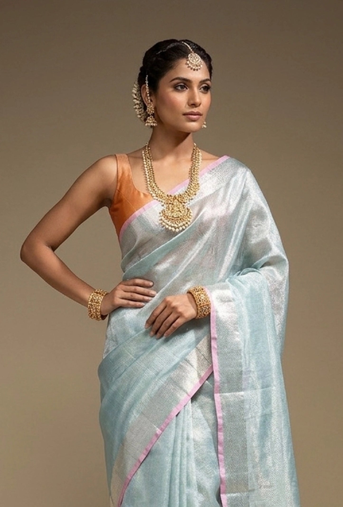 Sky Blue Khadi Tissue Saree With Unstitched Blouse