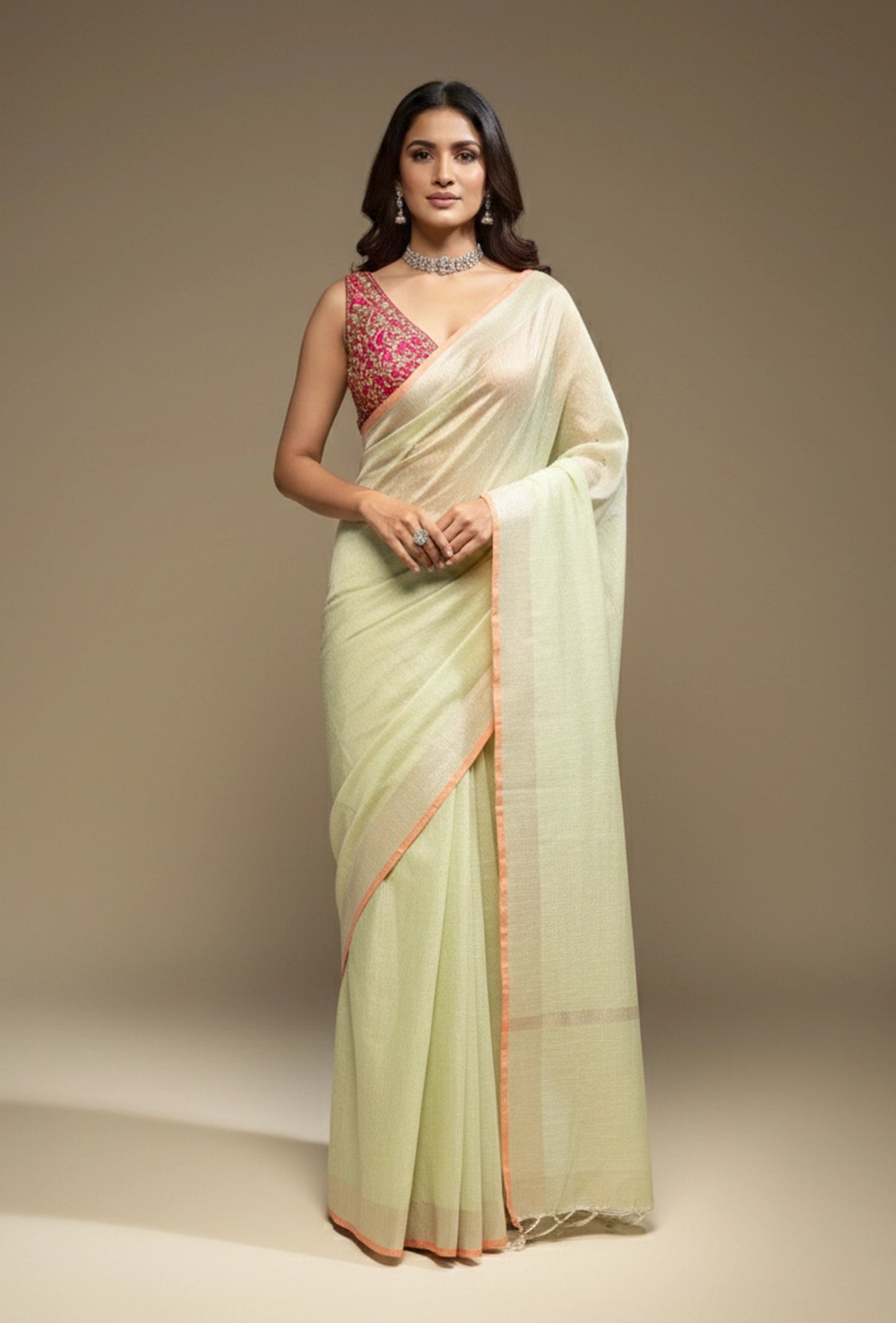 Pista Green Khadi Tissue Saree With Unstitched Blouse