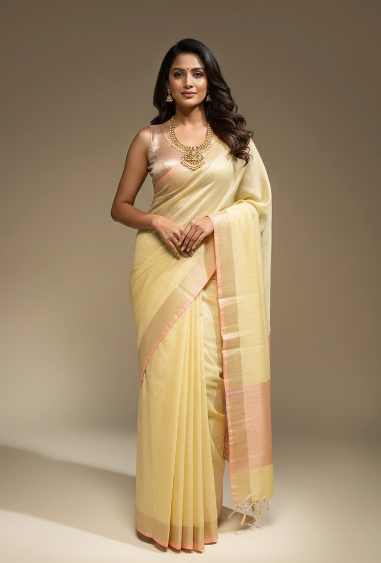 Lime Yellow Khadi Tissue Saree With Unstitched Blouse