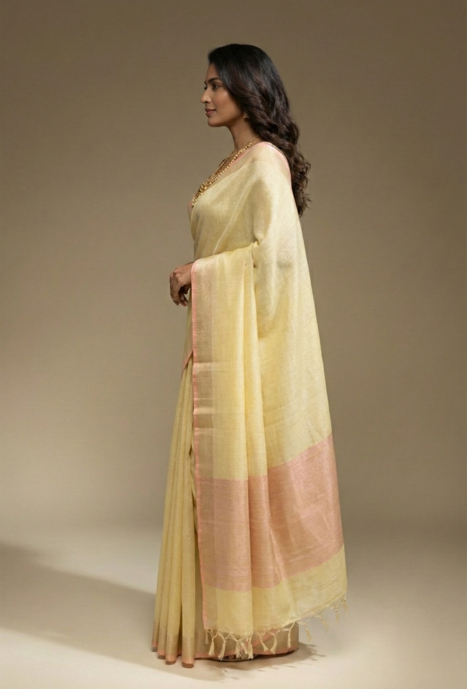 Lime Yellow Khadi Tissue Saree With Unstitched Blouse