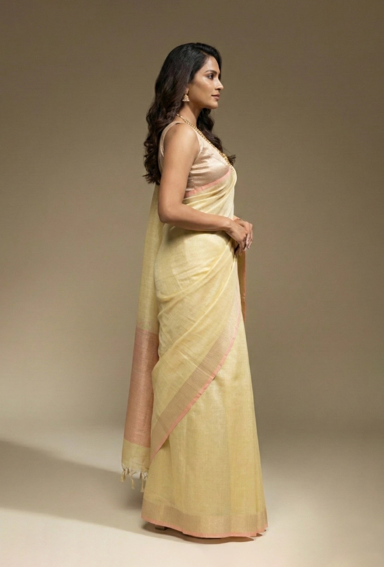 Lime Yellow Khadi Tissue Saree With Unstitched Blouse